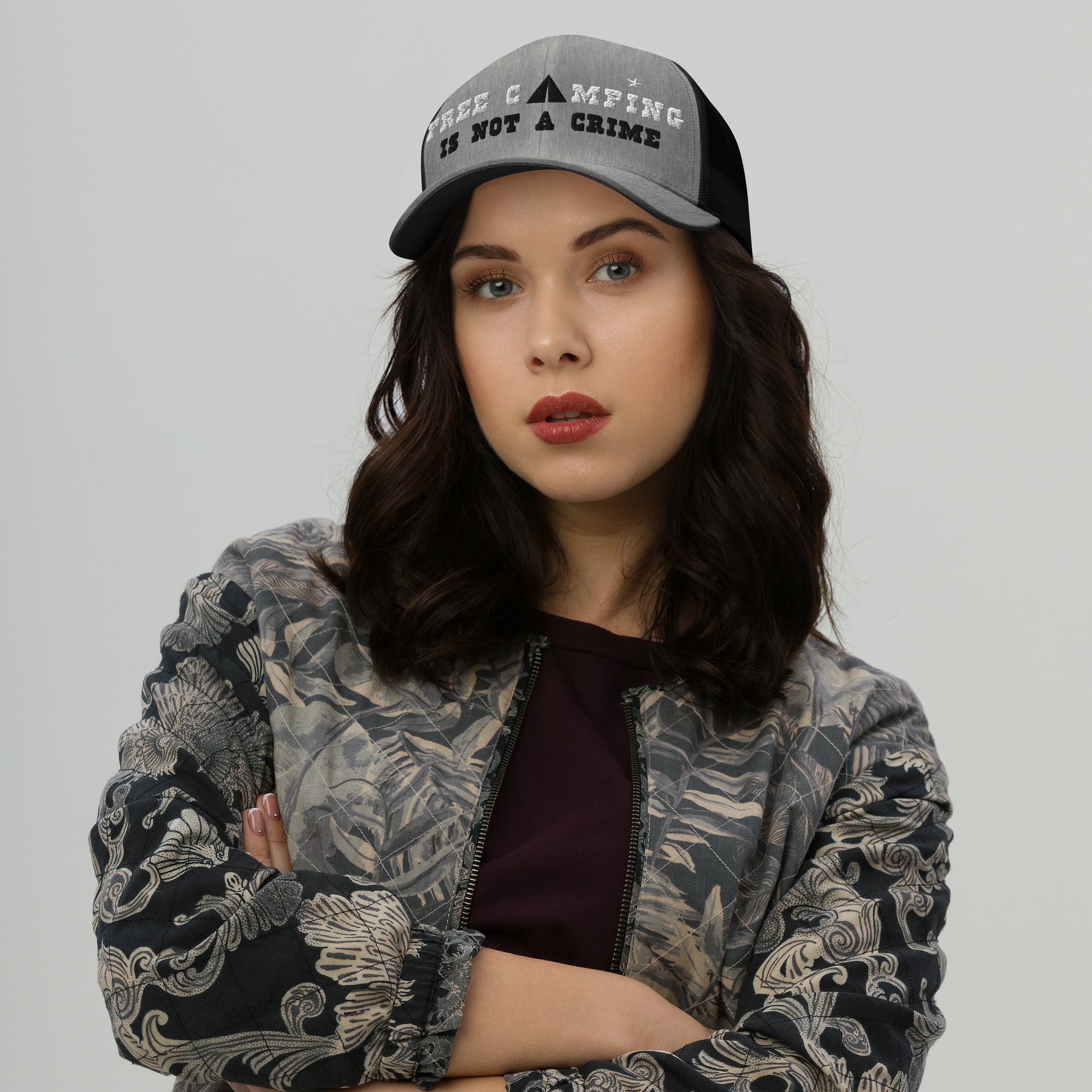 Two-Tone Retro Trucker Cap Free camping is not a crime white/black
