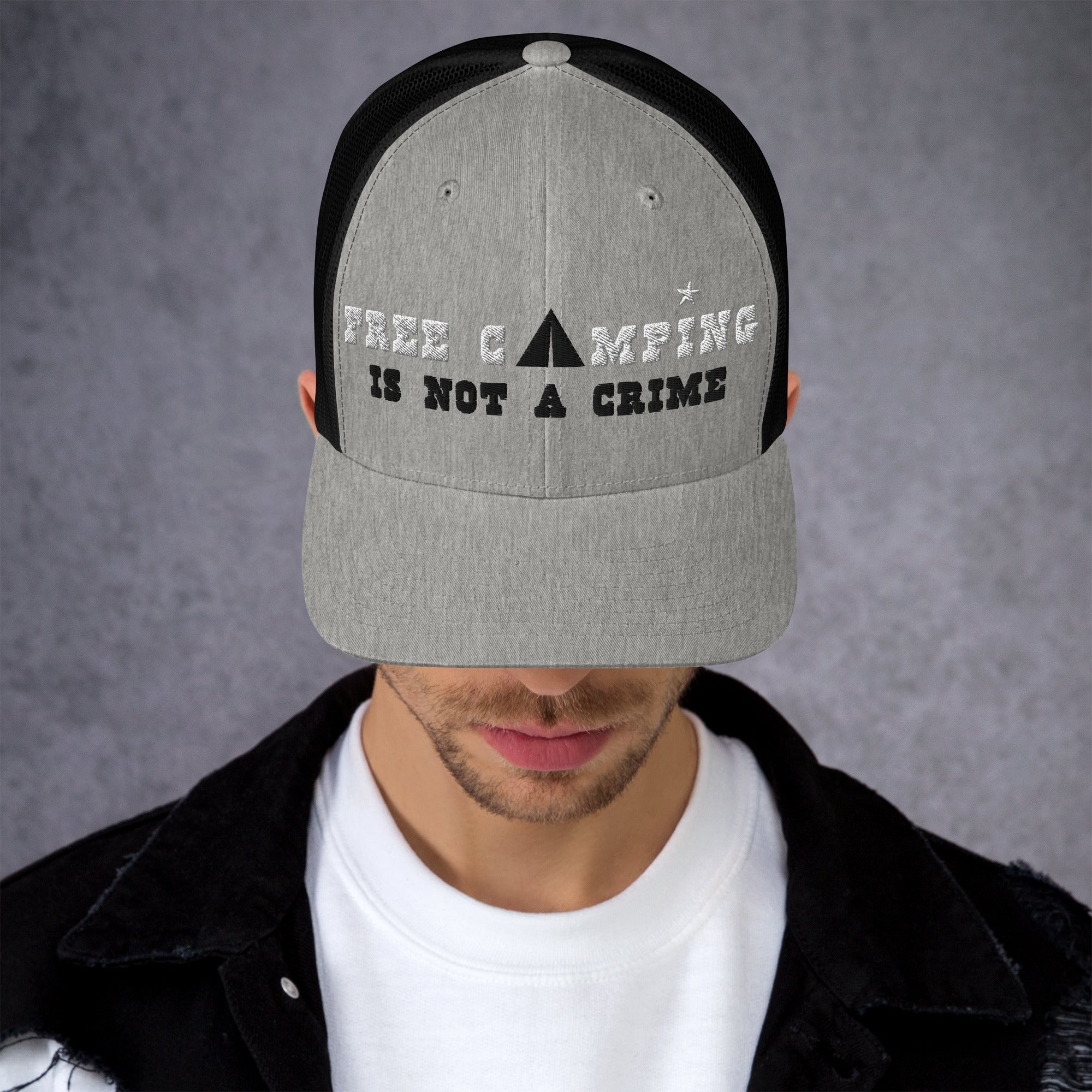 Two-Tone Retro Trucker Cap Free camping is not a crime white/black