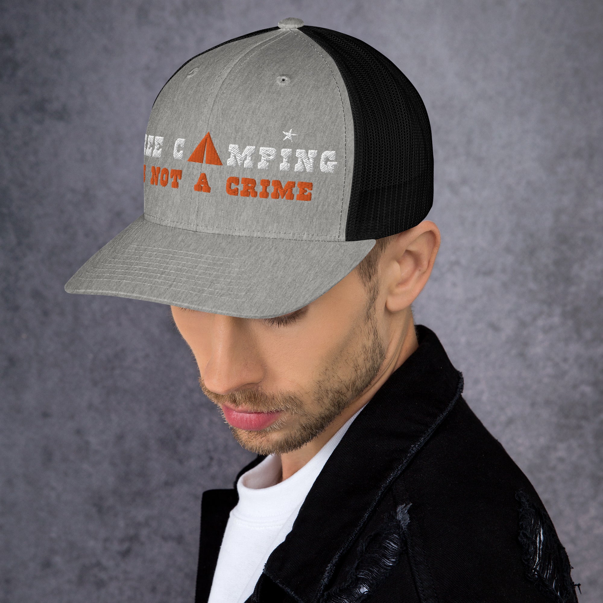 Two-Tone Retro Trucker Cap Free camping is not a crime white/orange