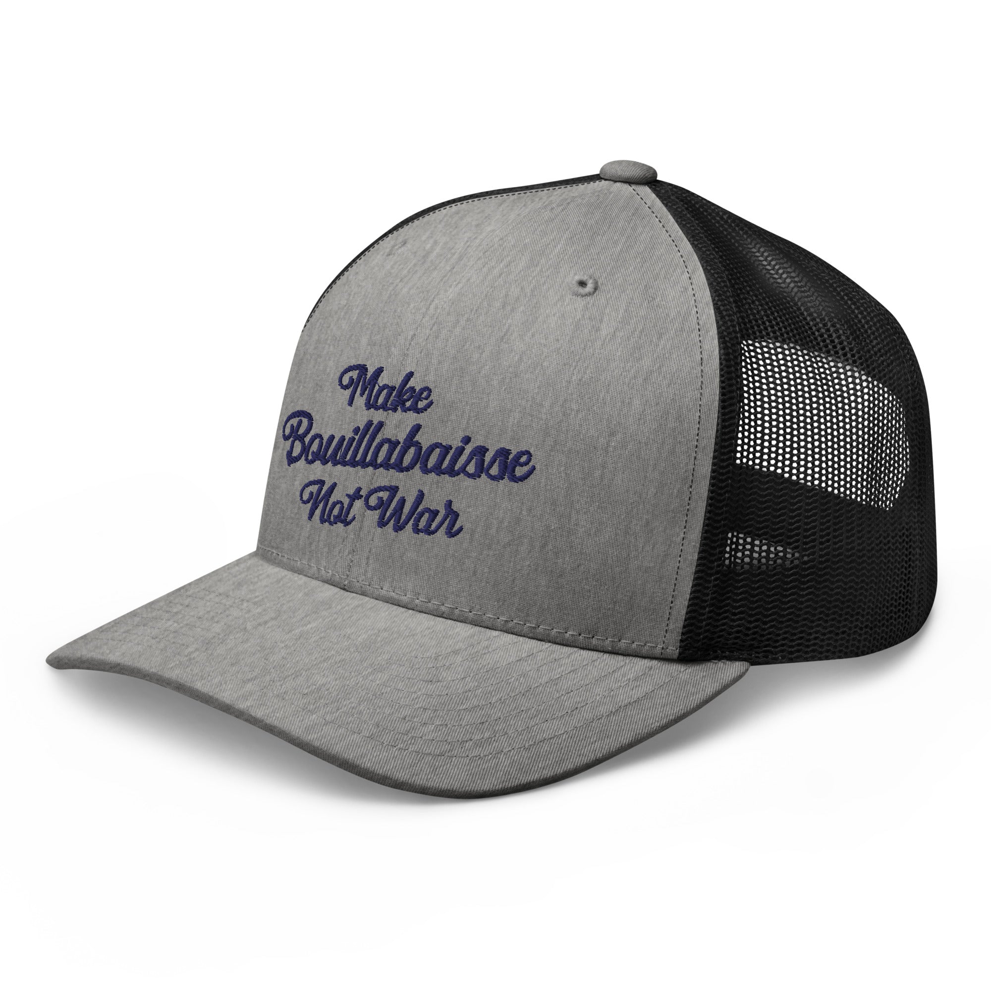 Casquette trucker rétro bicolore Make Bouillabaisse Not War Navy 3DPuffy