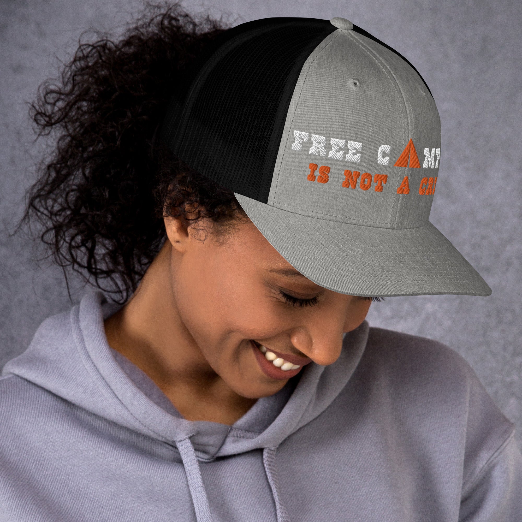 Two-Tone Retro Trucker Cap Free camping is not a crime white/orange