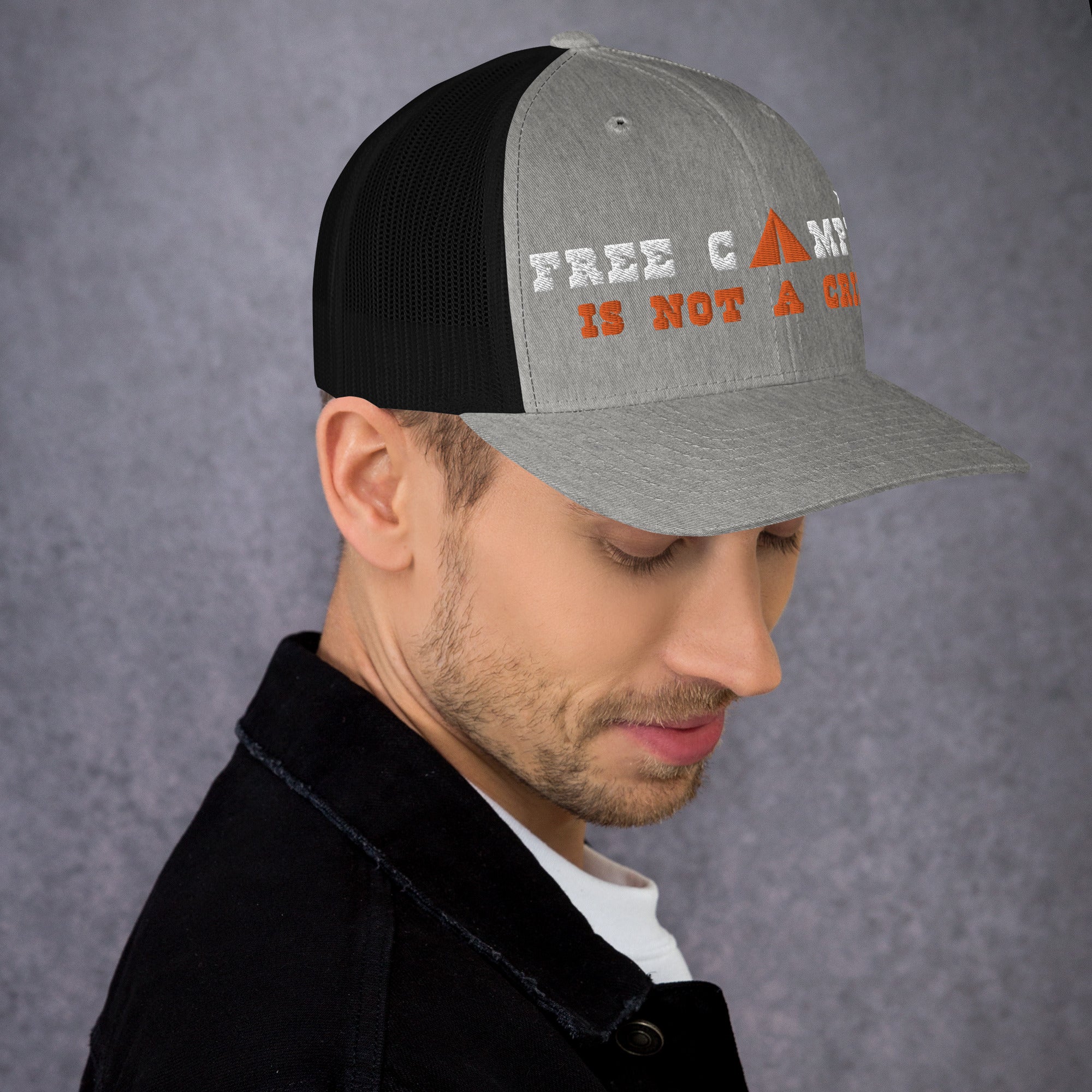 Two-Tone Retro Trucker Cap Free camping is not a crime white/orange