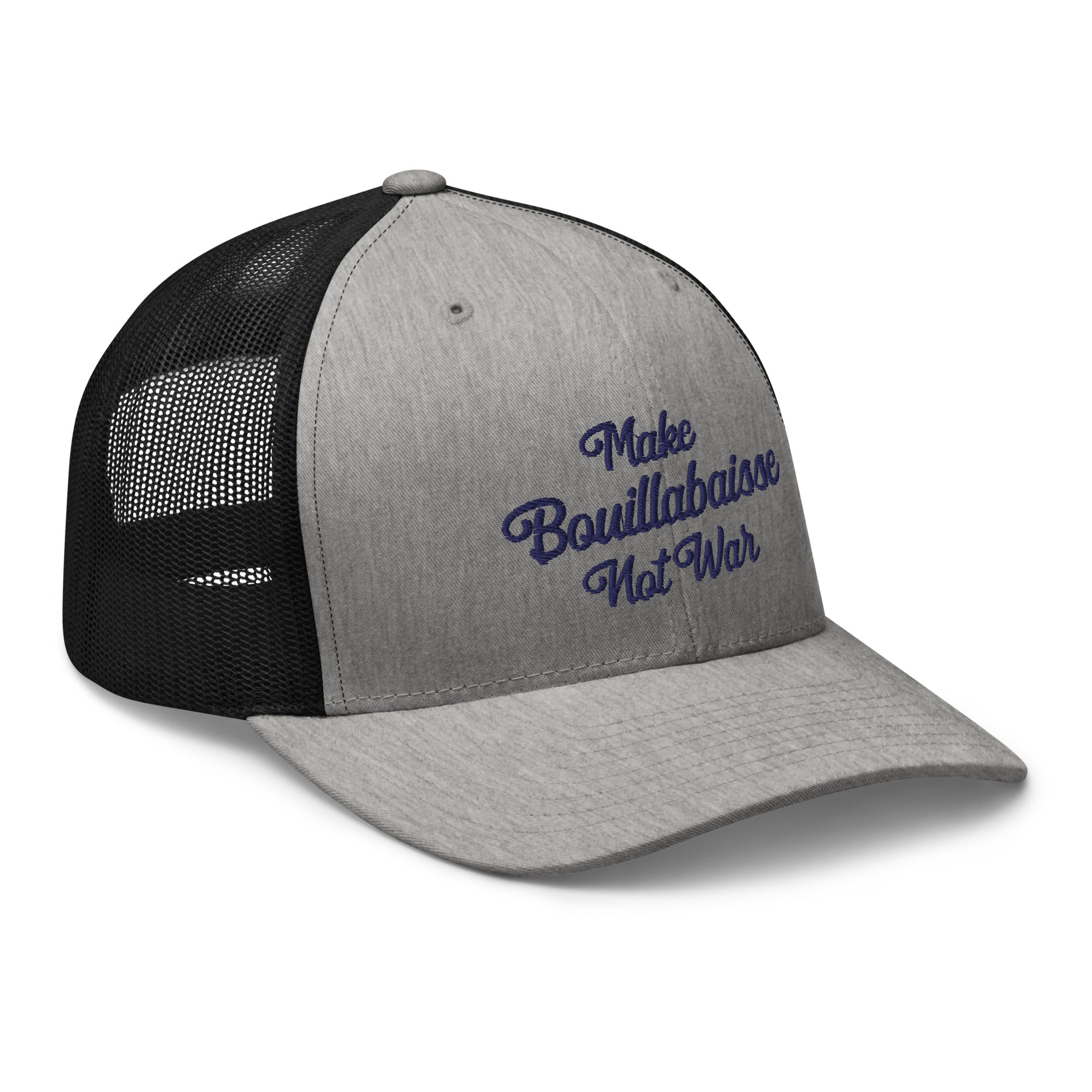 Casquette trucker rétro bicolore Make Bouillabaisse Not War Navy 3DPuffy
