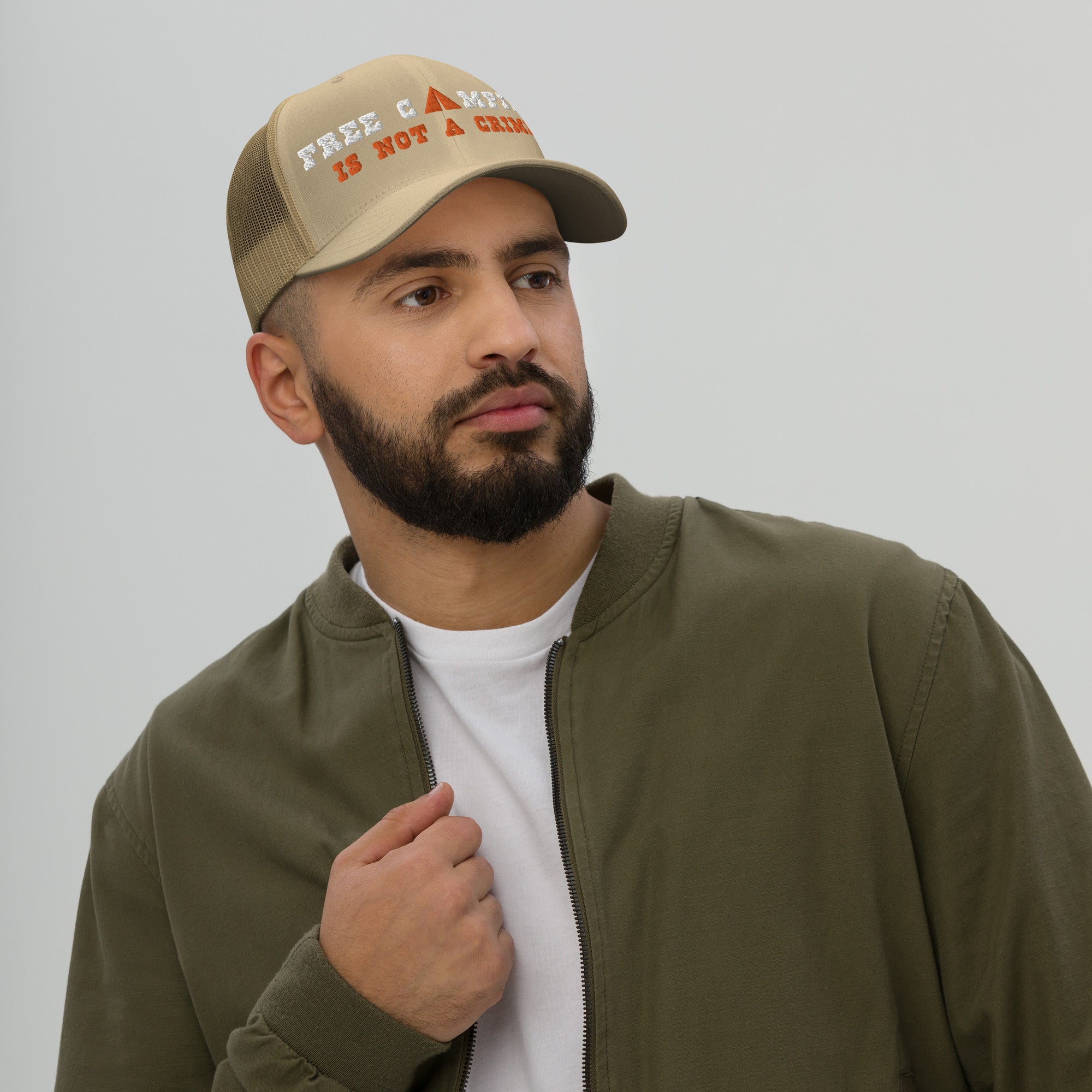 Two-Tone Retro Trucker Cap Free camping is not a crime white/orange