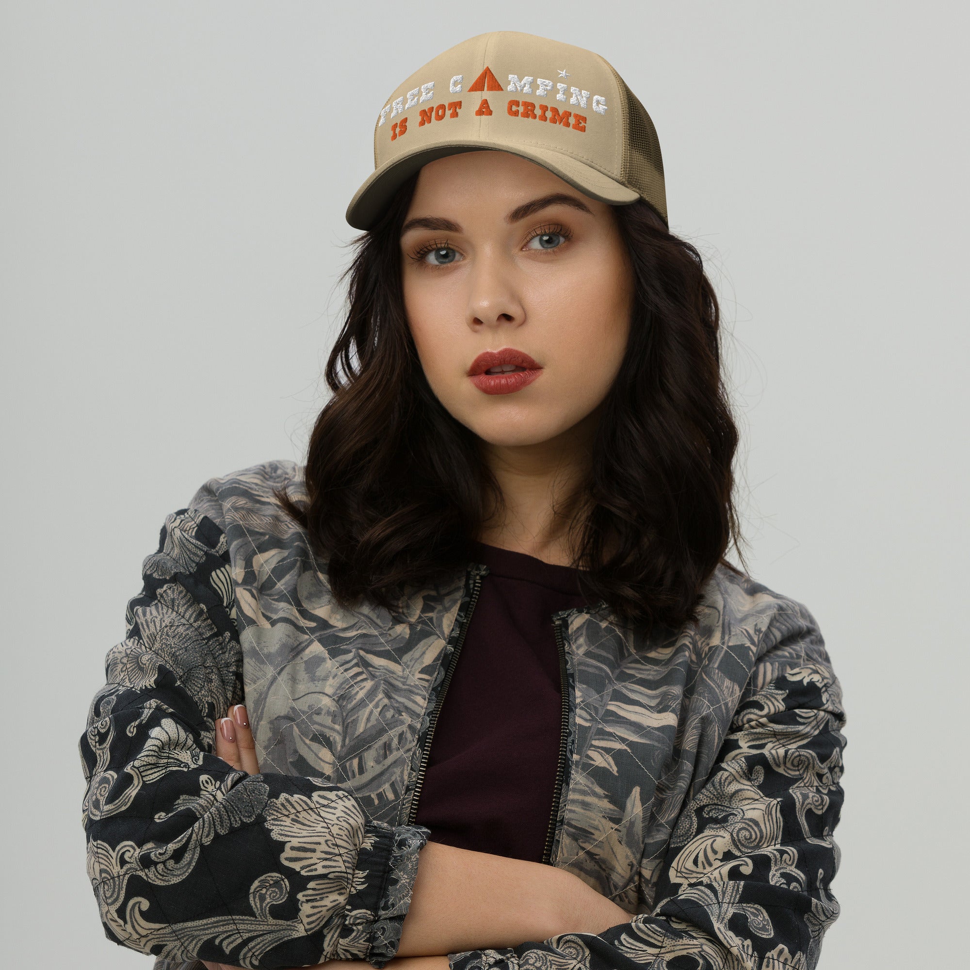 Two-Tone Retro Trucker Cap Free camping is not a crime white/orange