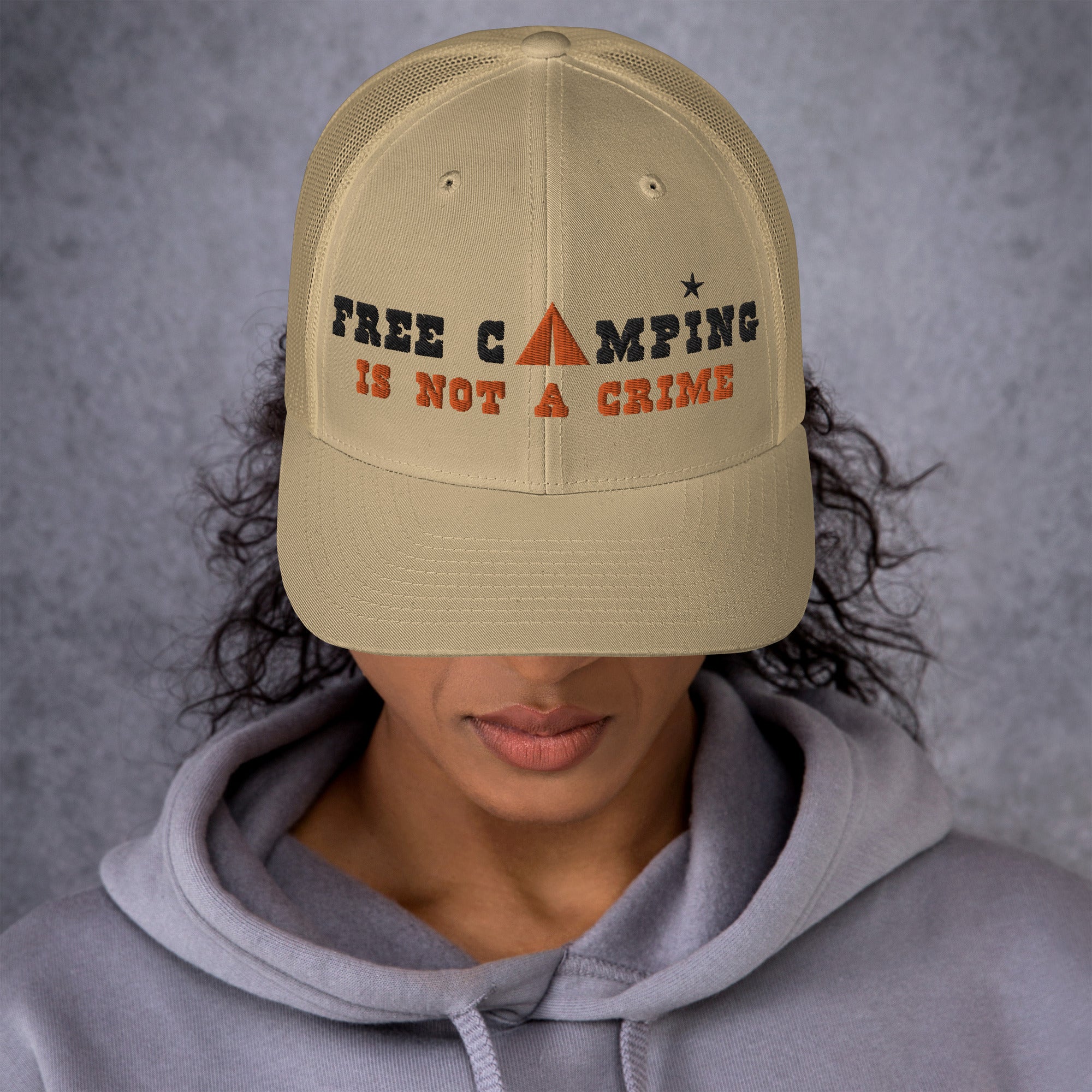 Two-Tone Retro Trucker Cap Free camping is not a crime black/orange