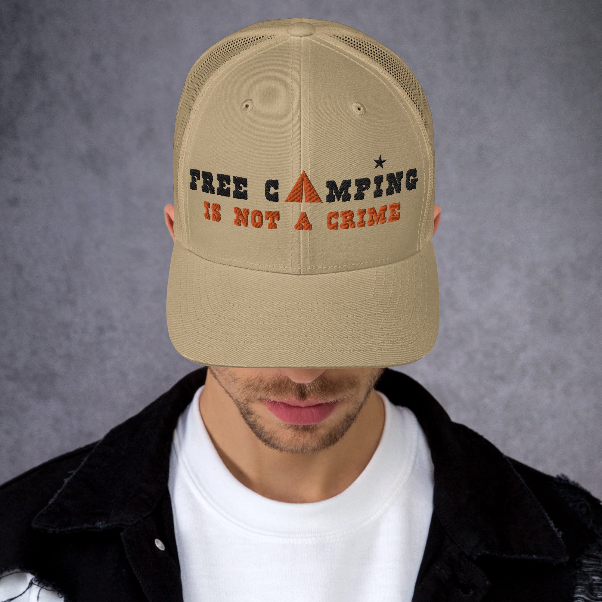 Two-Tone Retro Trucker Cap Free camping is not a crime black/orange