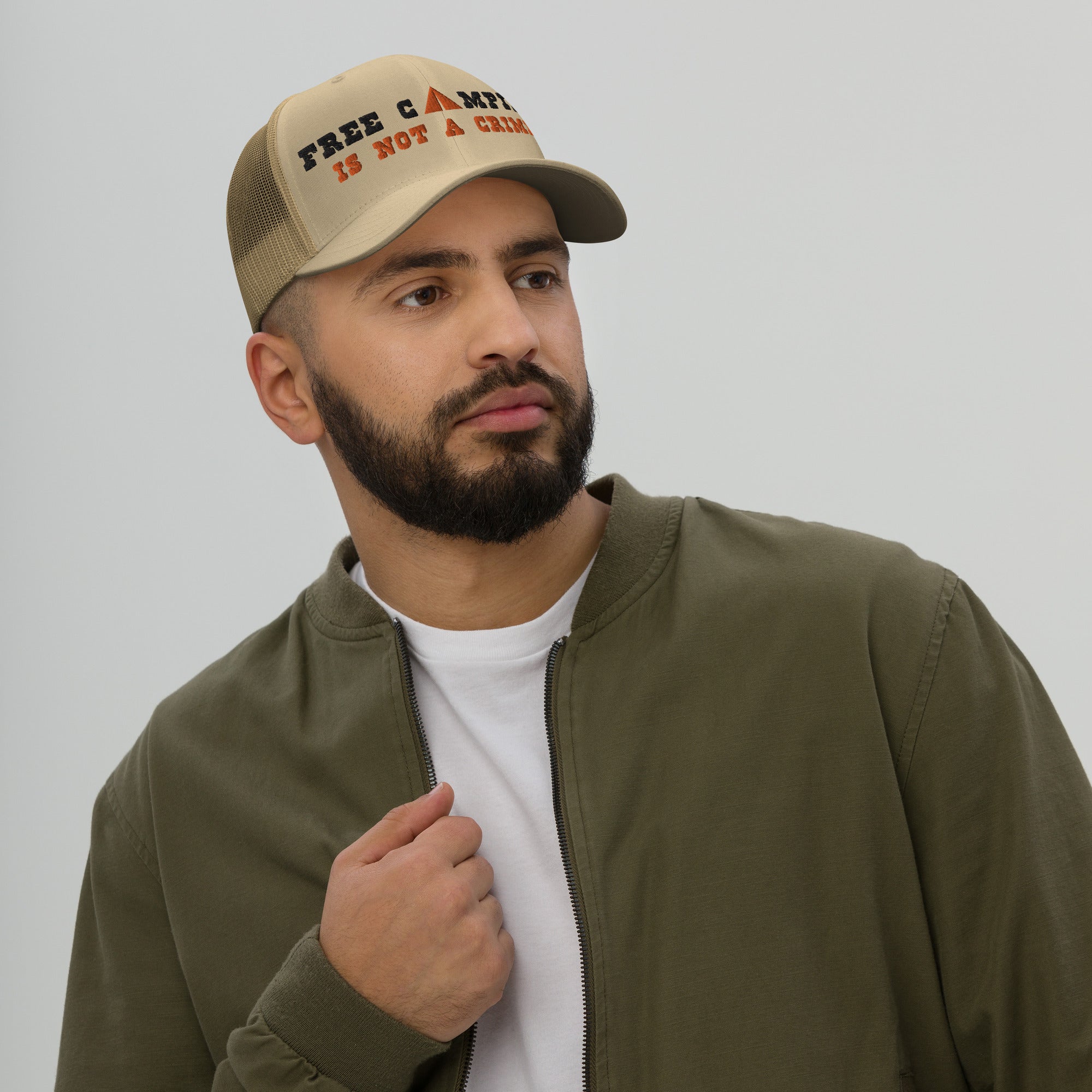 Two-Tone Retro Trucker Cap Free camping is not a crime black/orange