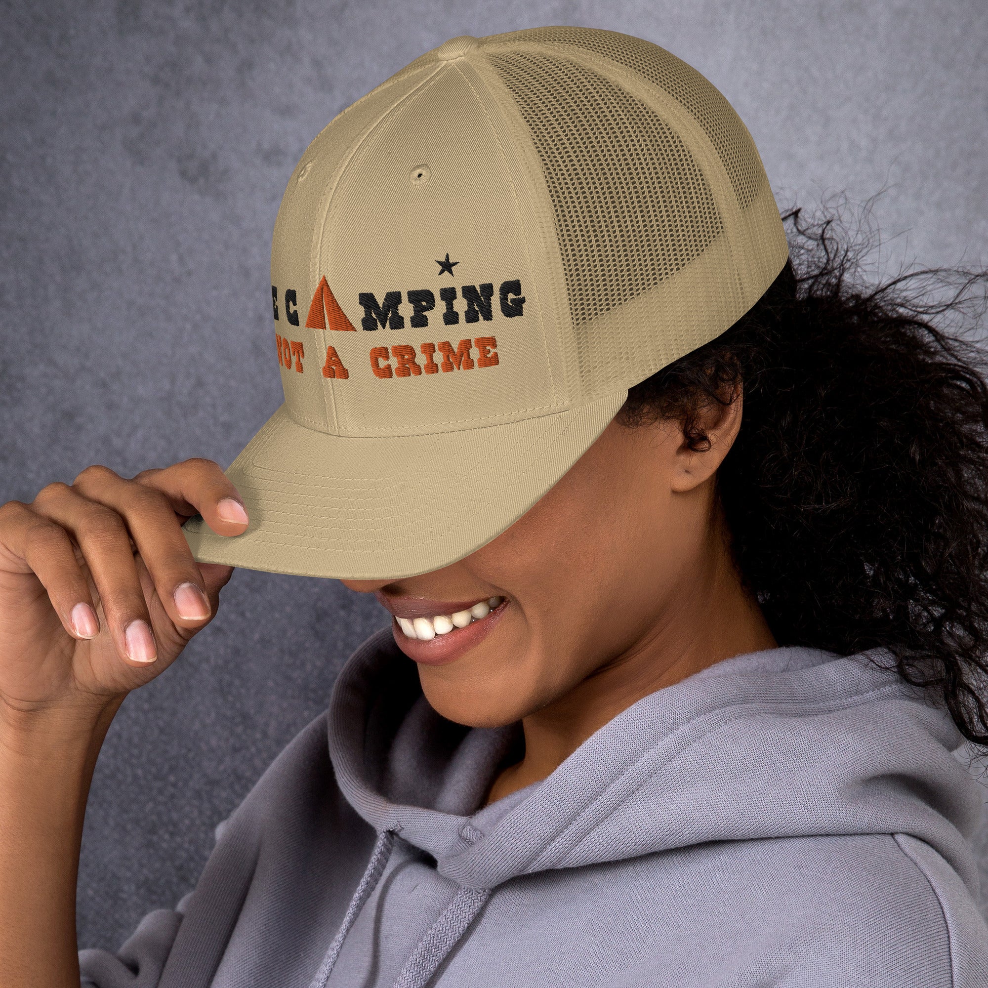 Two-Tone Retro Trucker Cap Free camping is not a crime black/orange
