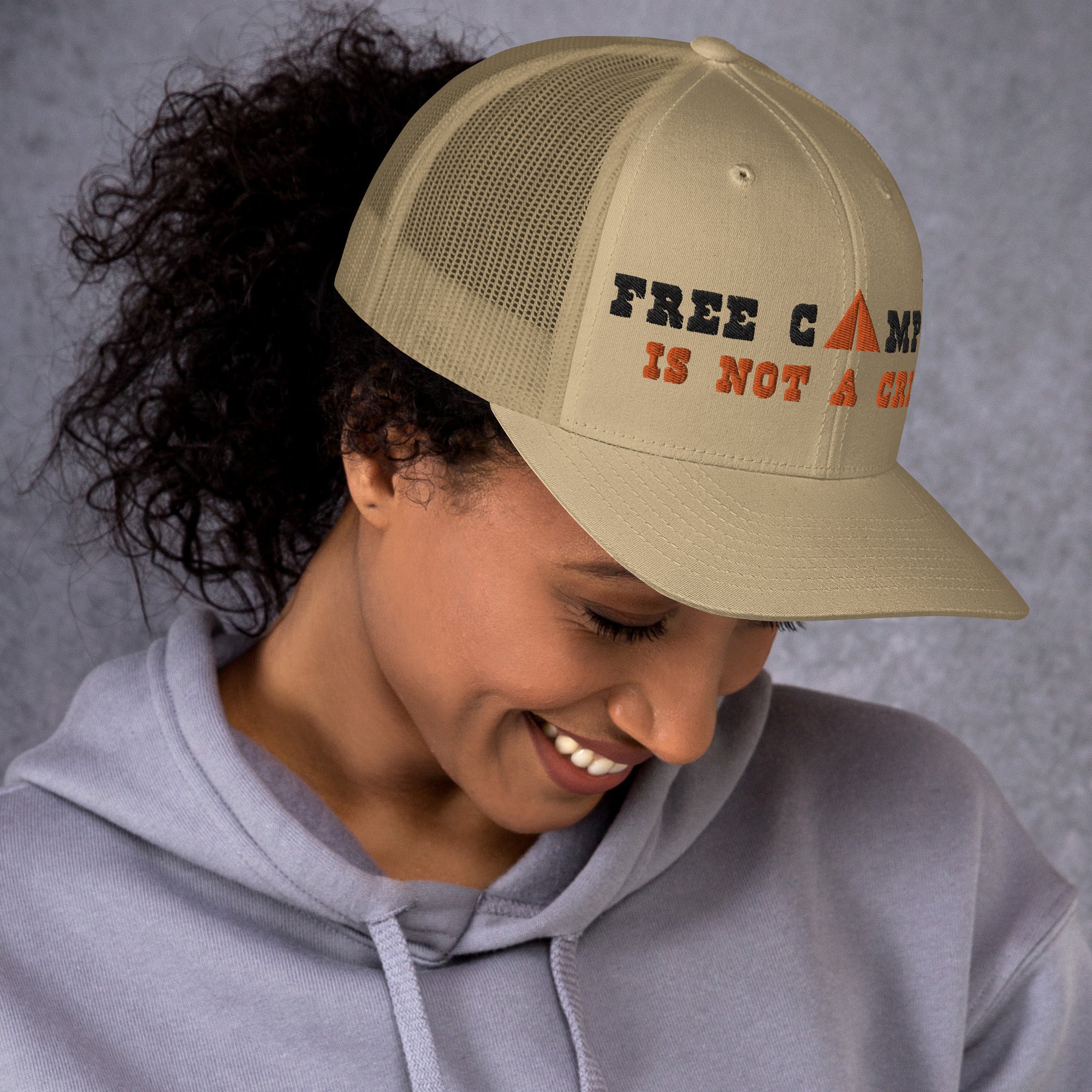 Two-Tone Retro Trucker Cap Free camping is not a crime black/orange