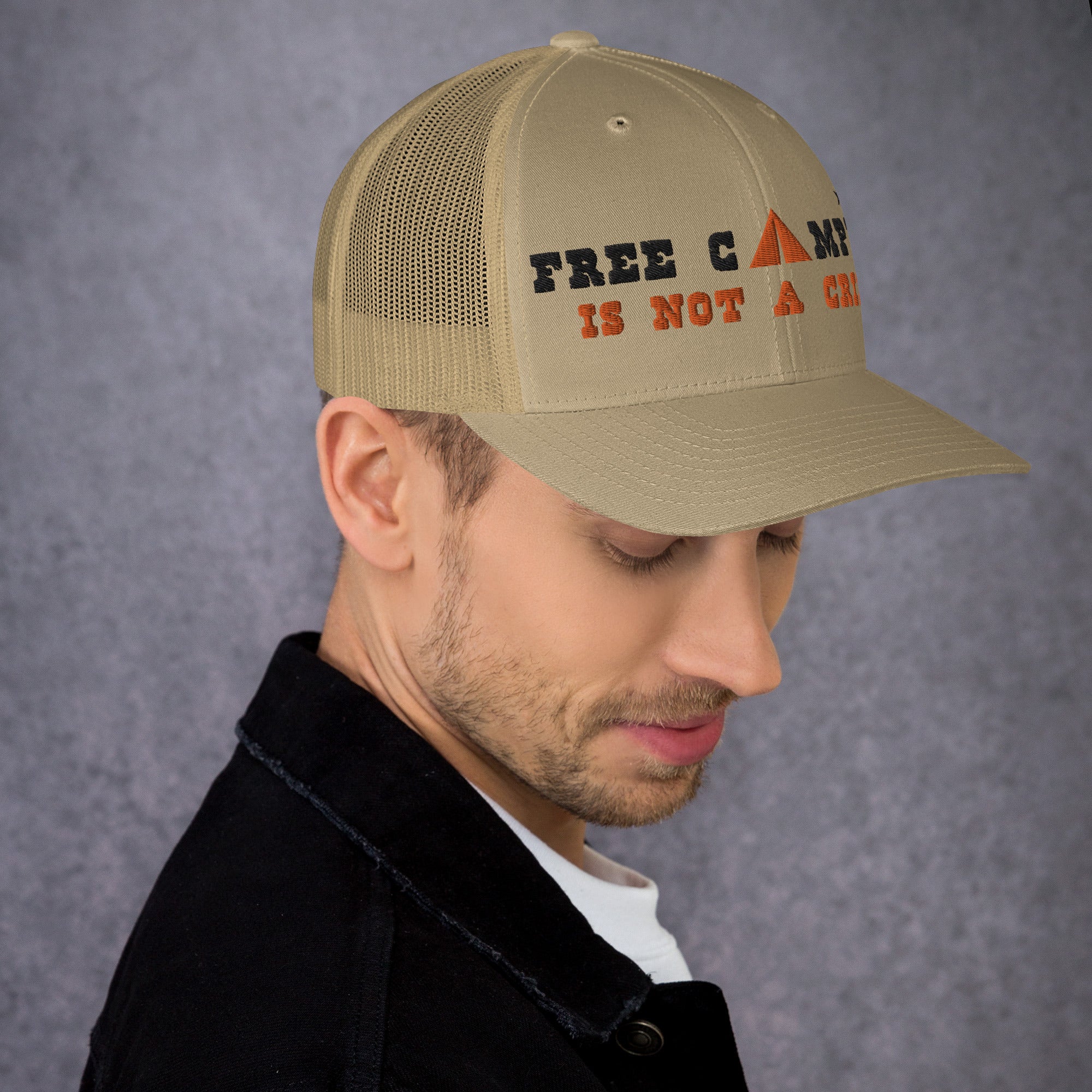 Two-Tone Retro Trucker Cap Free camping is not a crime black/orange