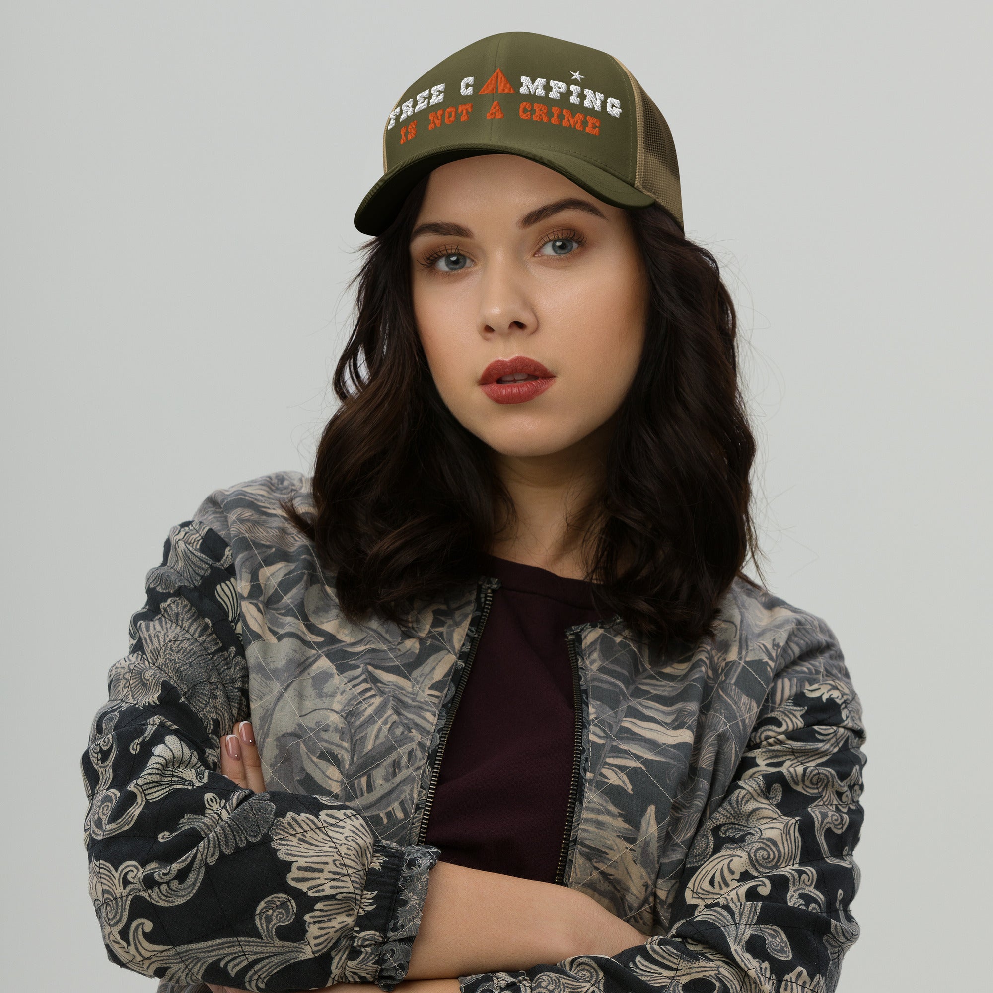 Two-Tone Retro Trucker Cap Free camping is not a crime white/orange