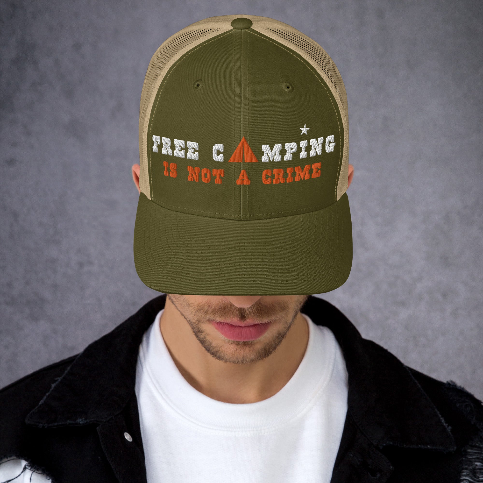 Two-Tone Retro Trucker Cap Free camping is not a crime white/orange