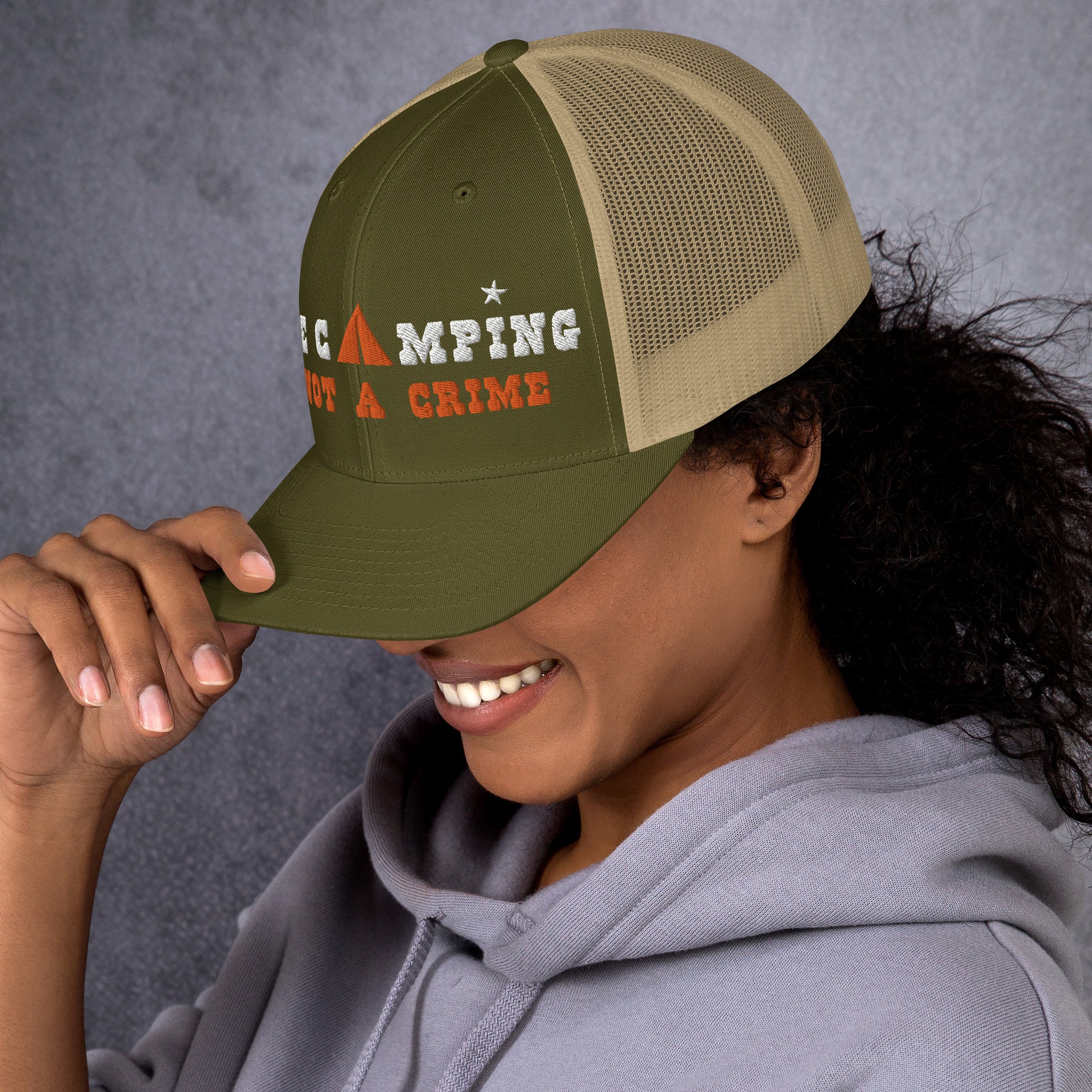 Two-Tone Retro Trucker Cap Free camping is not a crime white/orange