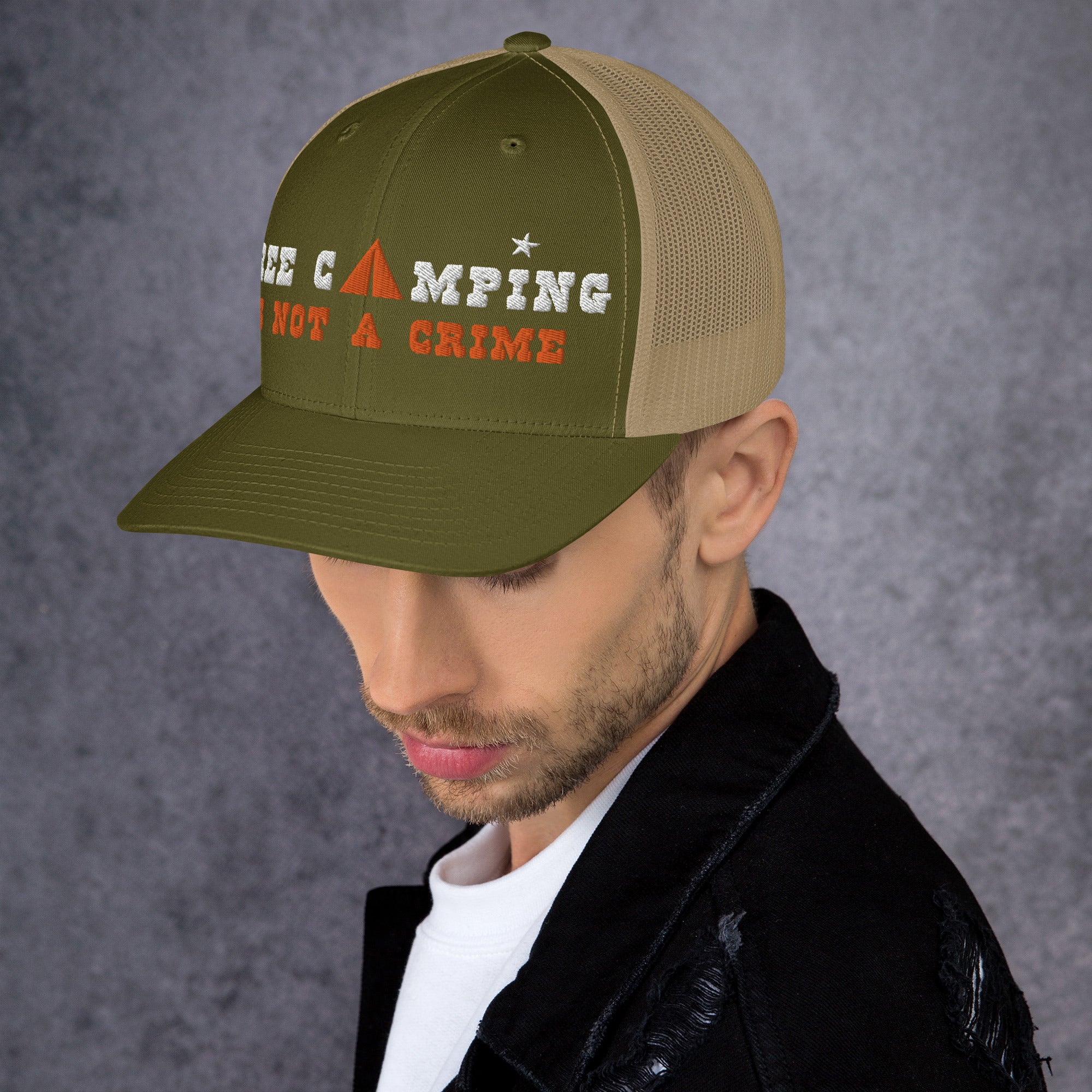 Two-Tone Retro Trucker Cap Free camping is not a crime white/orange