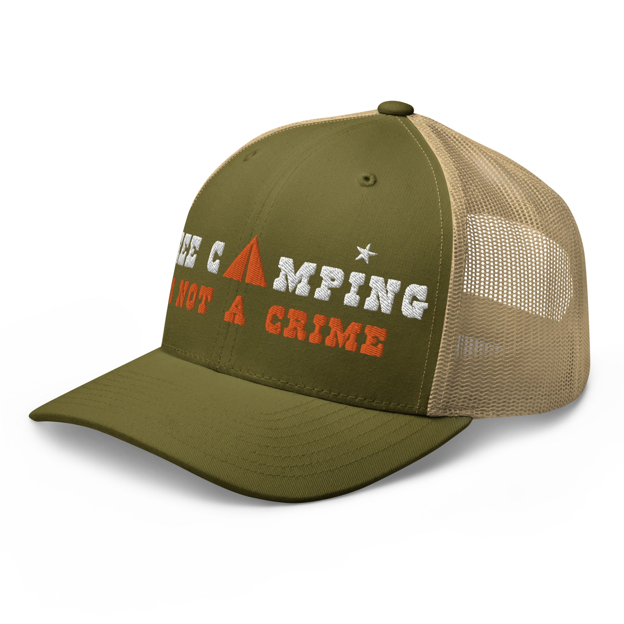 Two-Tone Retro Trucker Cap Free camping is not a crime white/orange