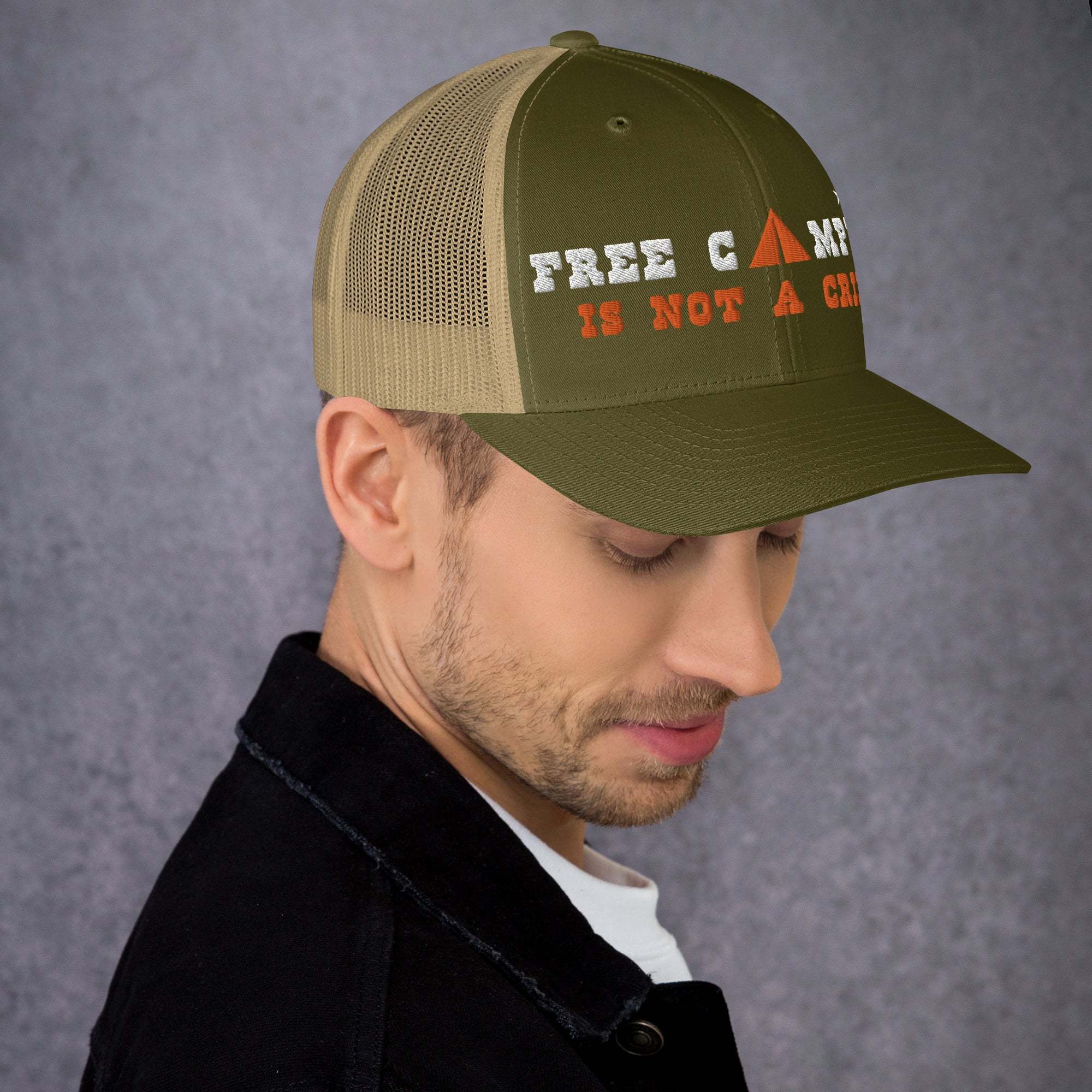 Two-Tone Retro Trucker Cap Free camping is not a crime white/orange