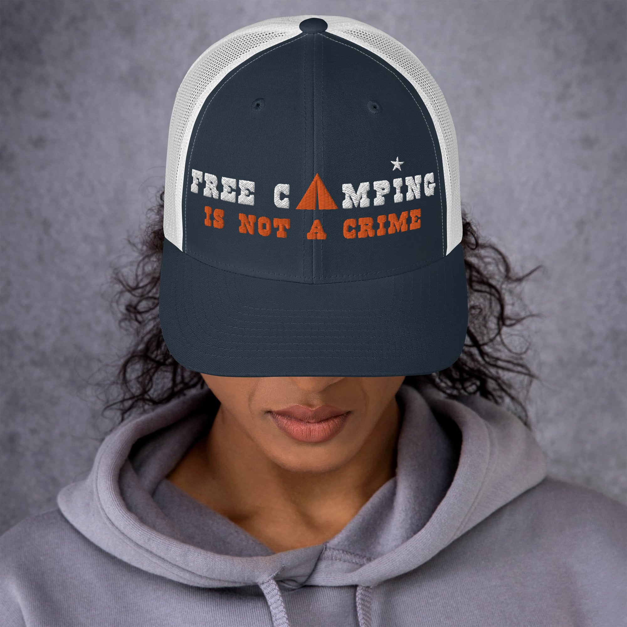 Two-Tone Retro Trucker Cap Free camping is not a crime white/orange