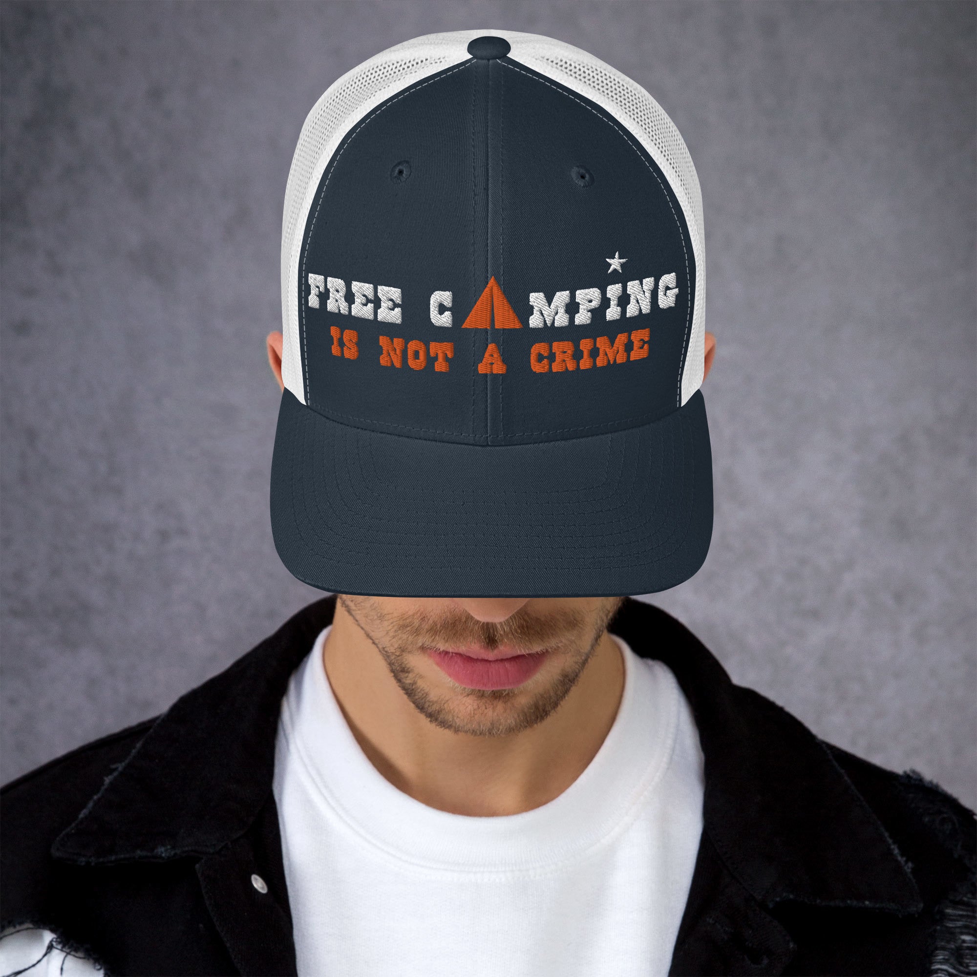 Two-Tone Retro Trucker Cap Free camping is not a crime white/orange