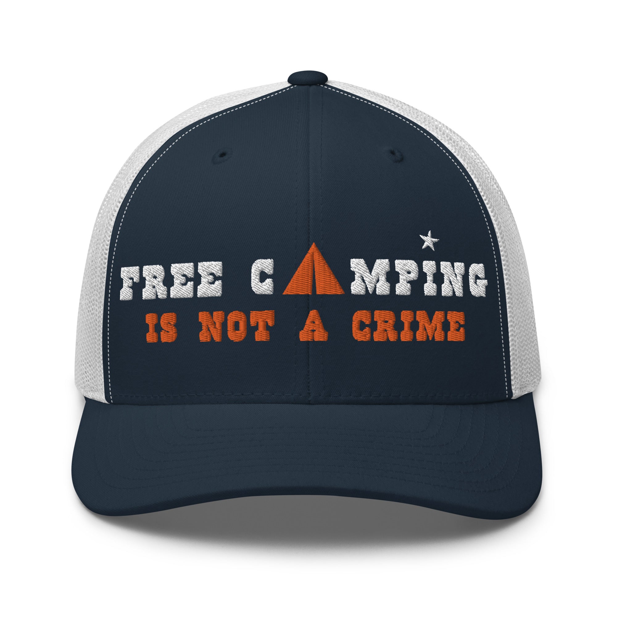 Two-Tone Retro Trucker Cap Free camping is not a crime white/orange