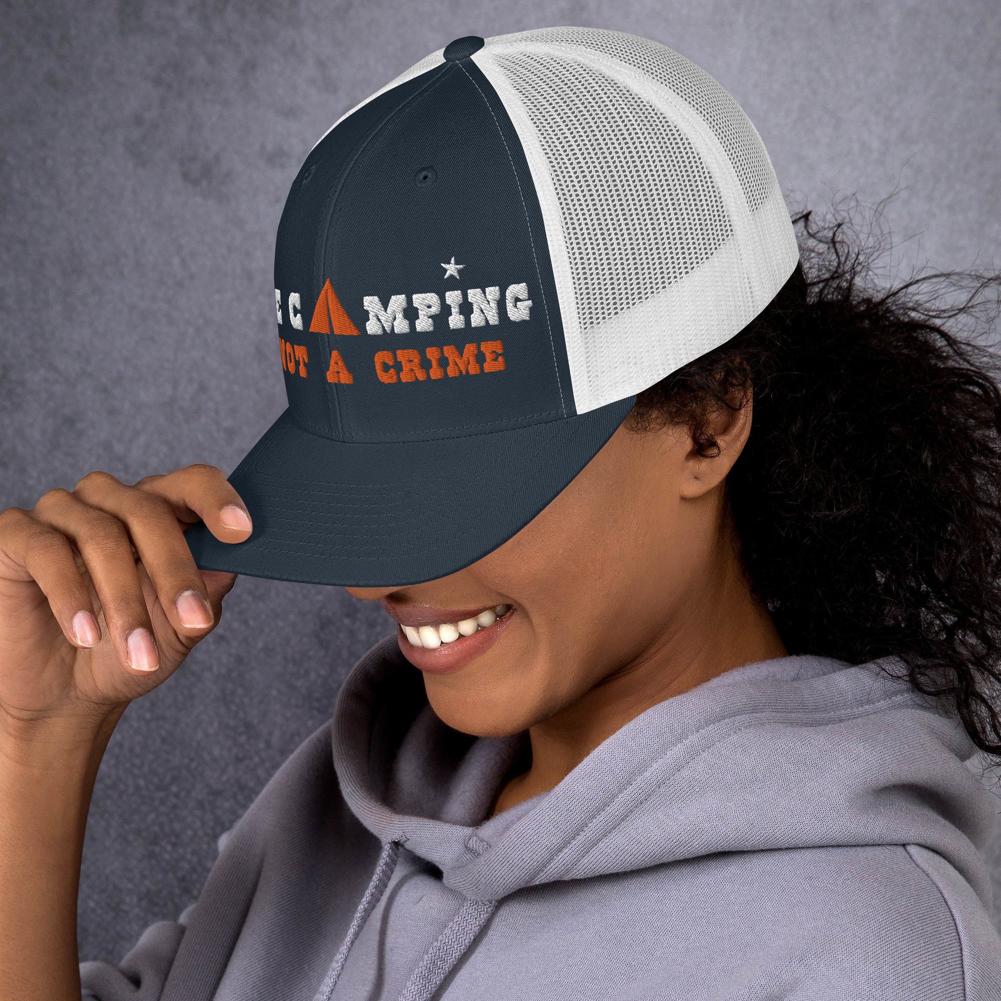 Two-Tone Retro Trucker Cap Free camping is not a crime white/orange