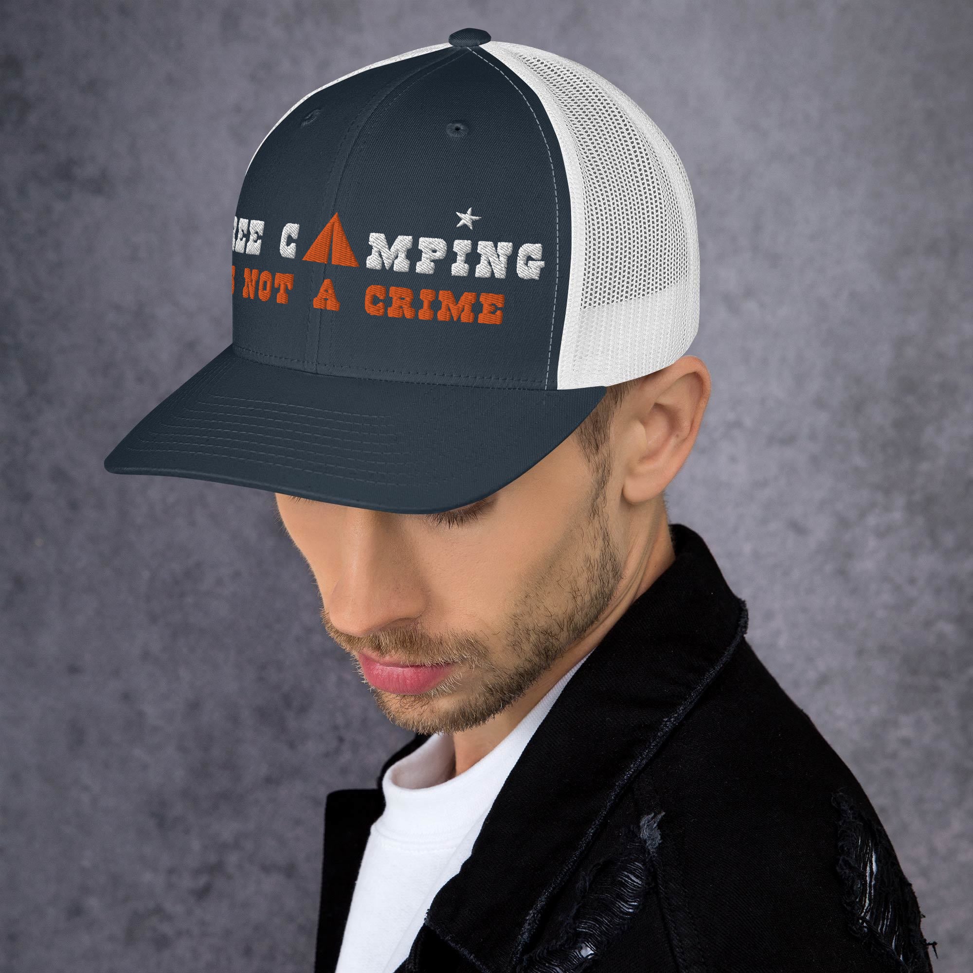 Two-Tone Retro Trucker Cap Free camping is not a crime white/orange