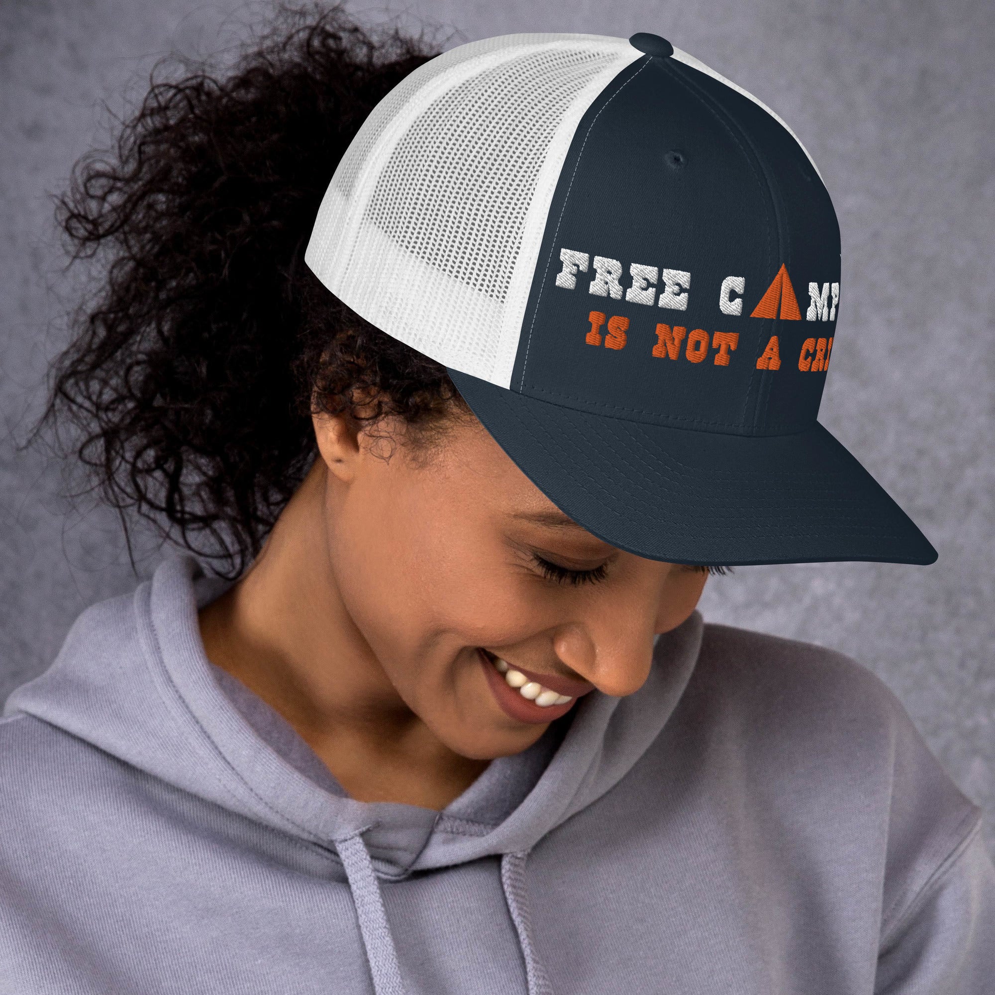 Two-Tone Retro Trucker Cap Free camping is not a crime white/orange