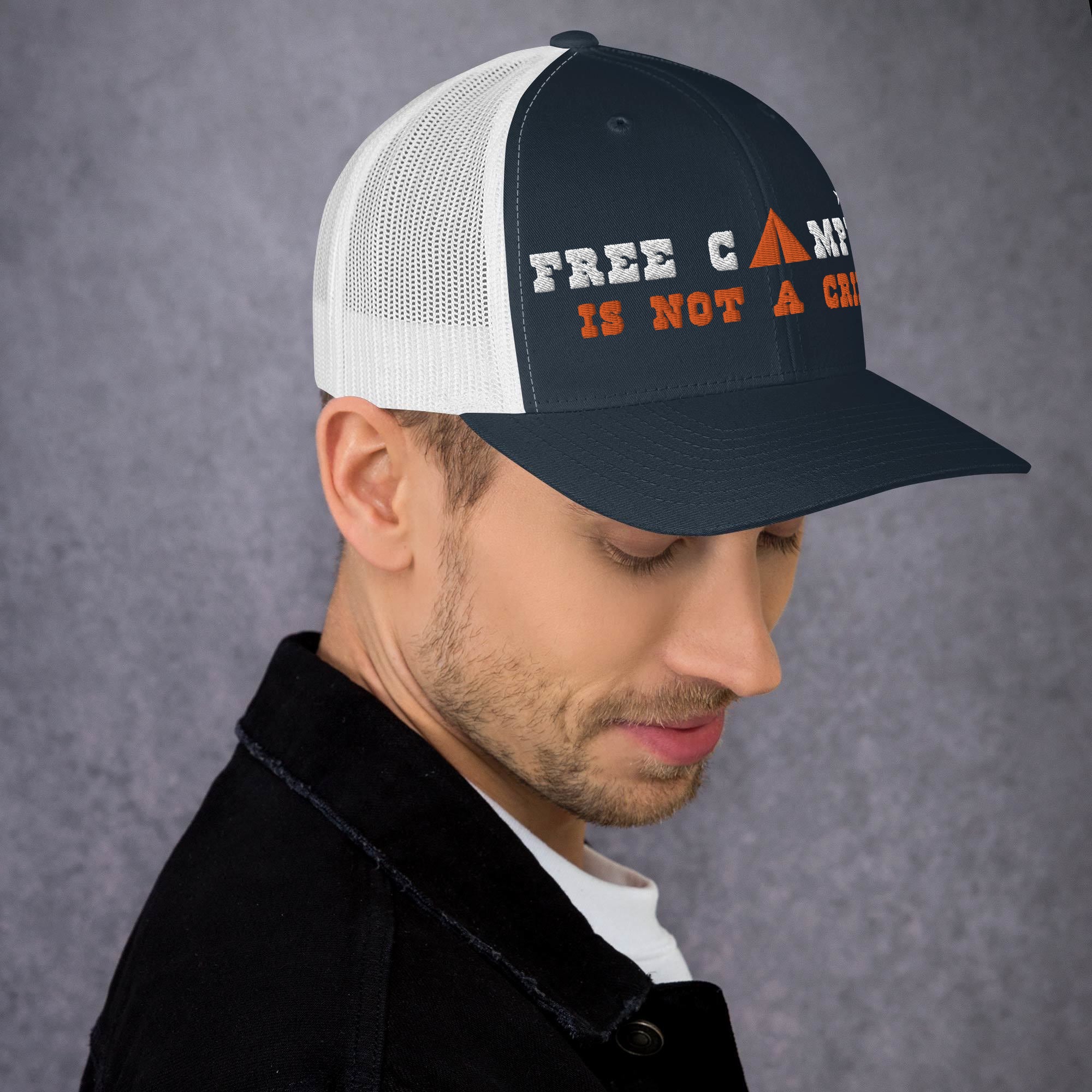 Two-Tone Retro Trucker Cap Free camping is not a crime white/orange
