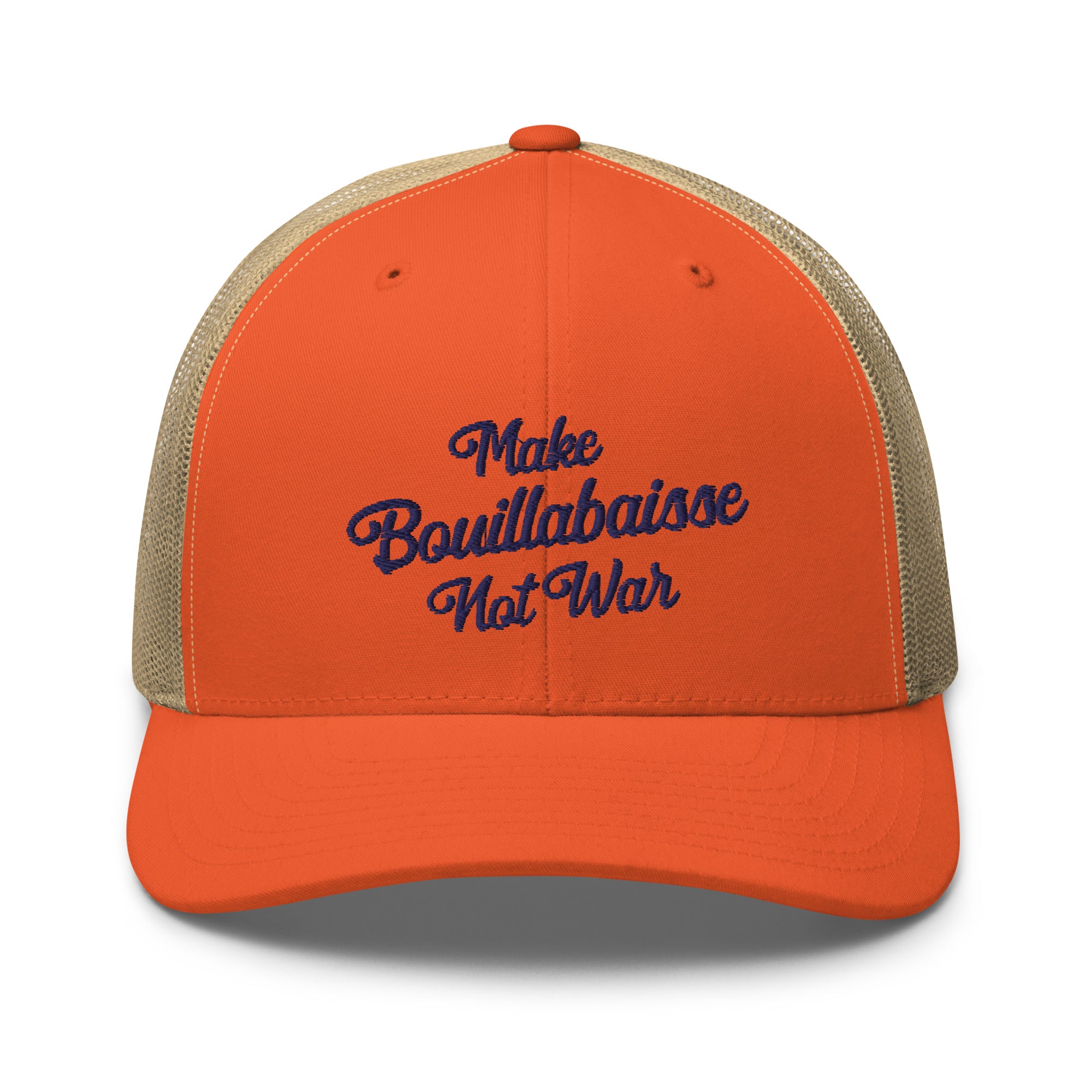 Casquette trucker rétro bicolore Make Bouillabaisse Not War Navy 3DPuffy