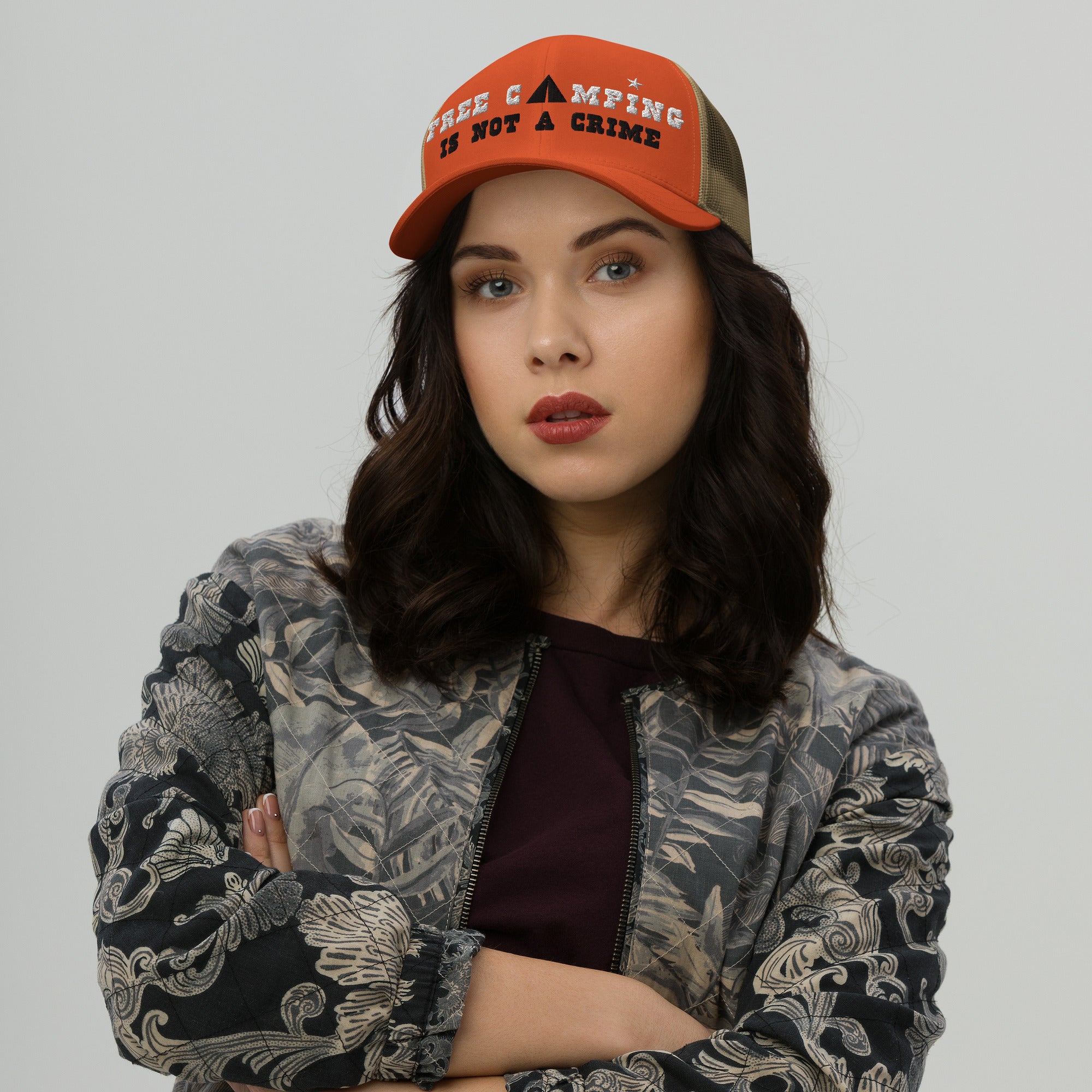 Two-Tone Retro Trucker Cap Free camping is not a crime white/black