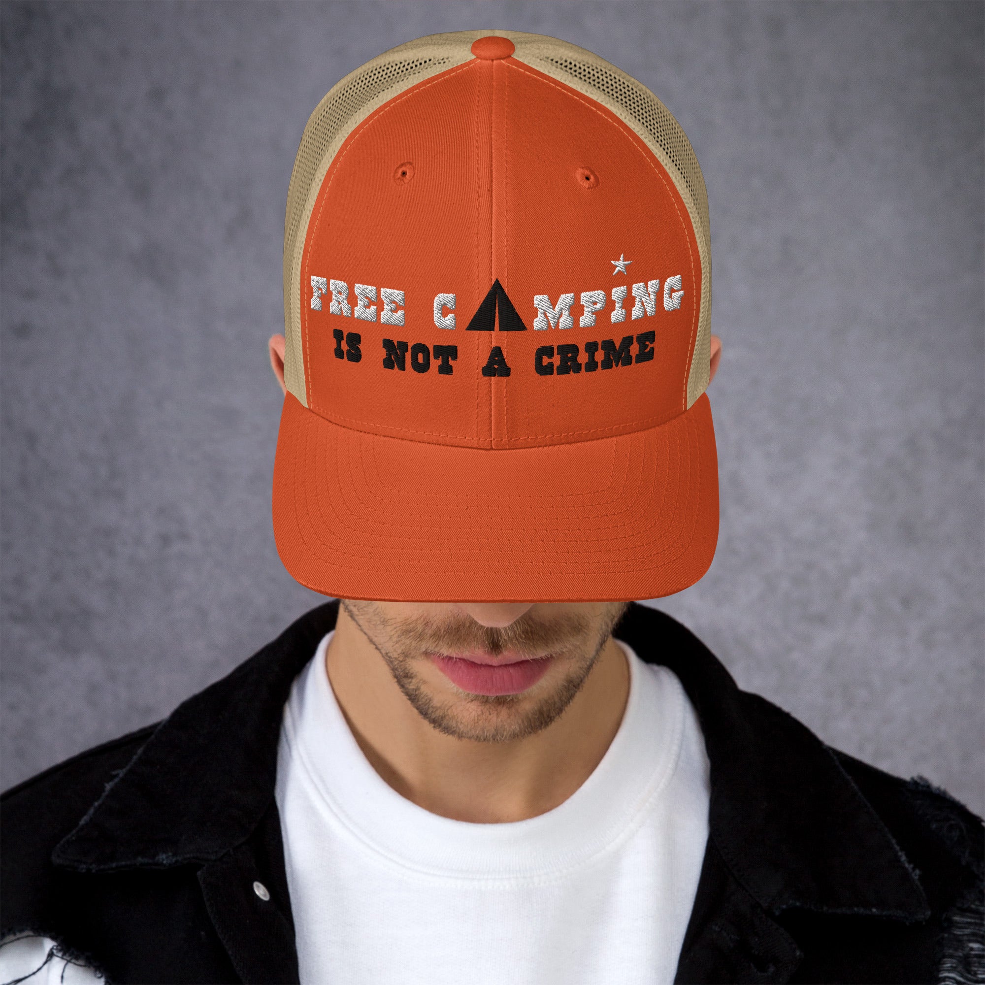 Two-Tone Retro Trucker Cap Free camping is not a crime white/black
