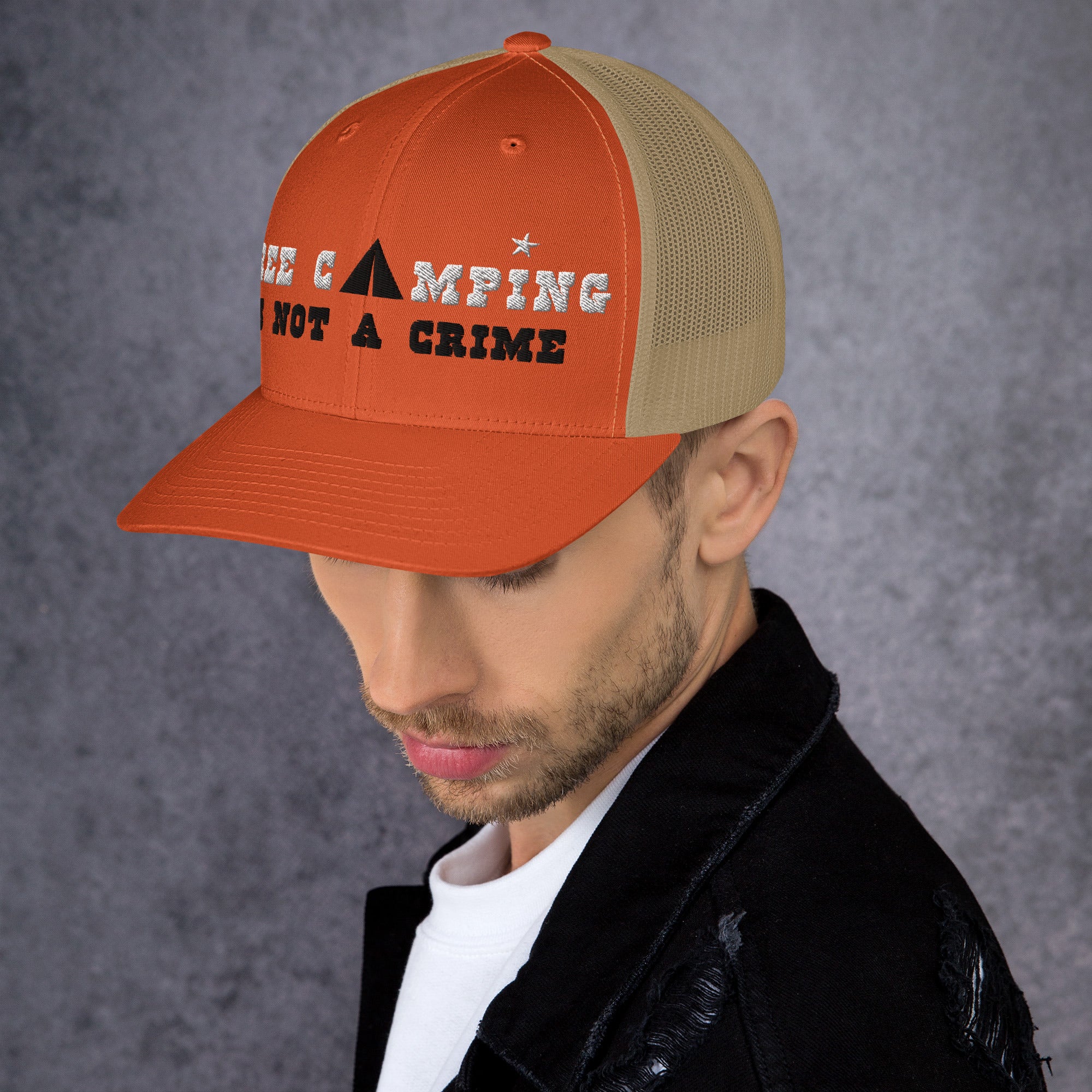 Two-Tone Retro Trucker Cap Free camping is not a crime white/black
