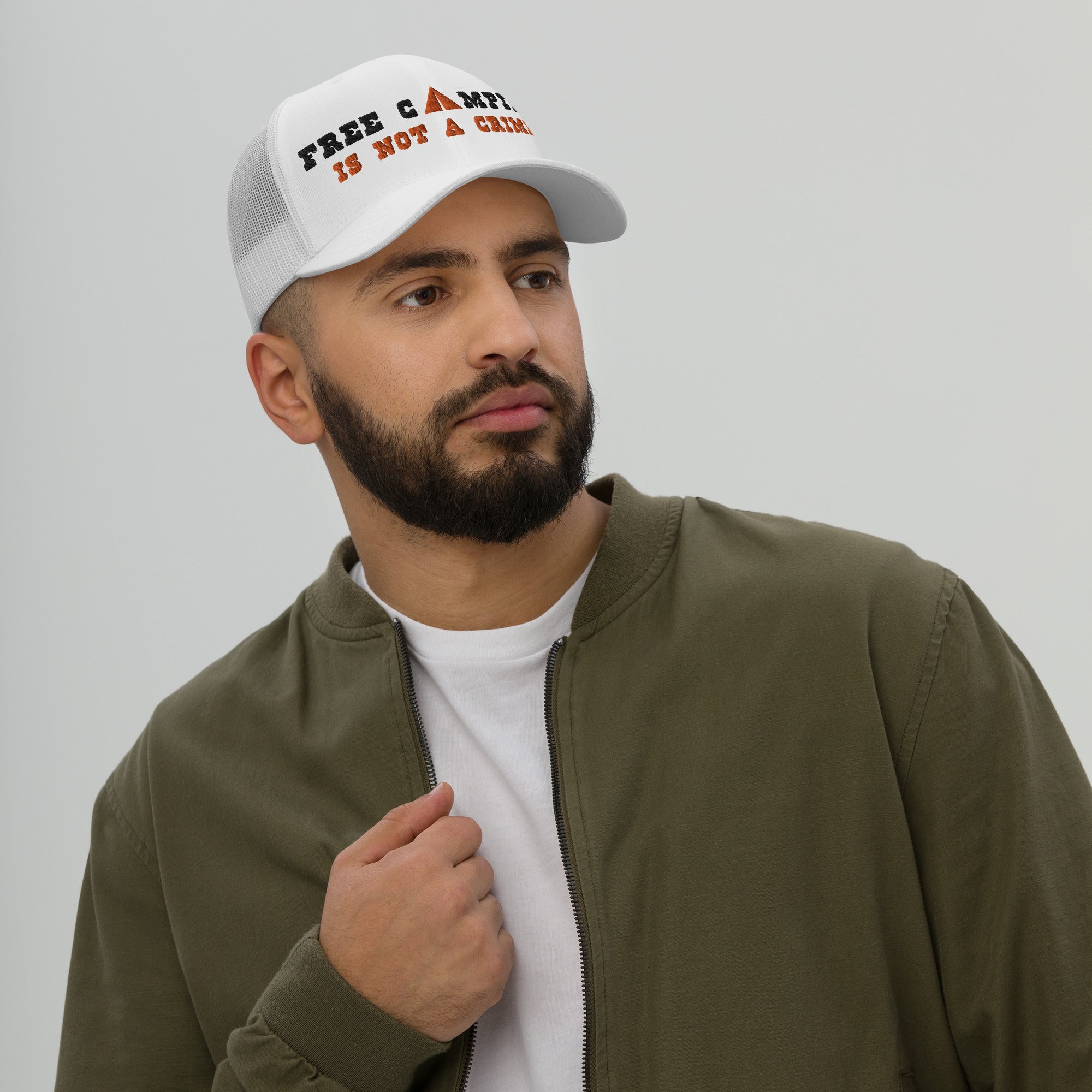 Two-Tone Retro Trucker Cap Free camping is not a crime black/orange