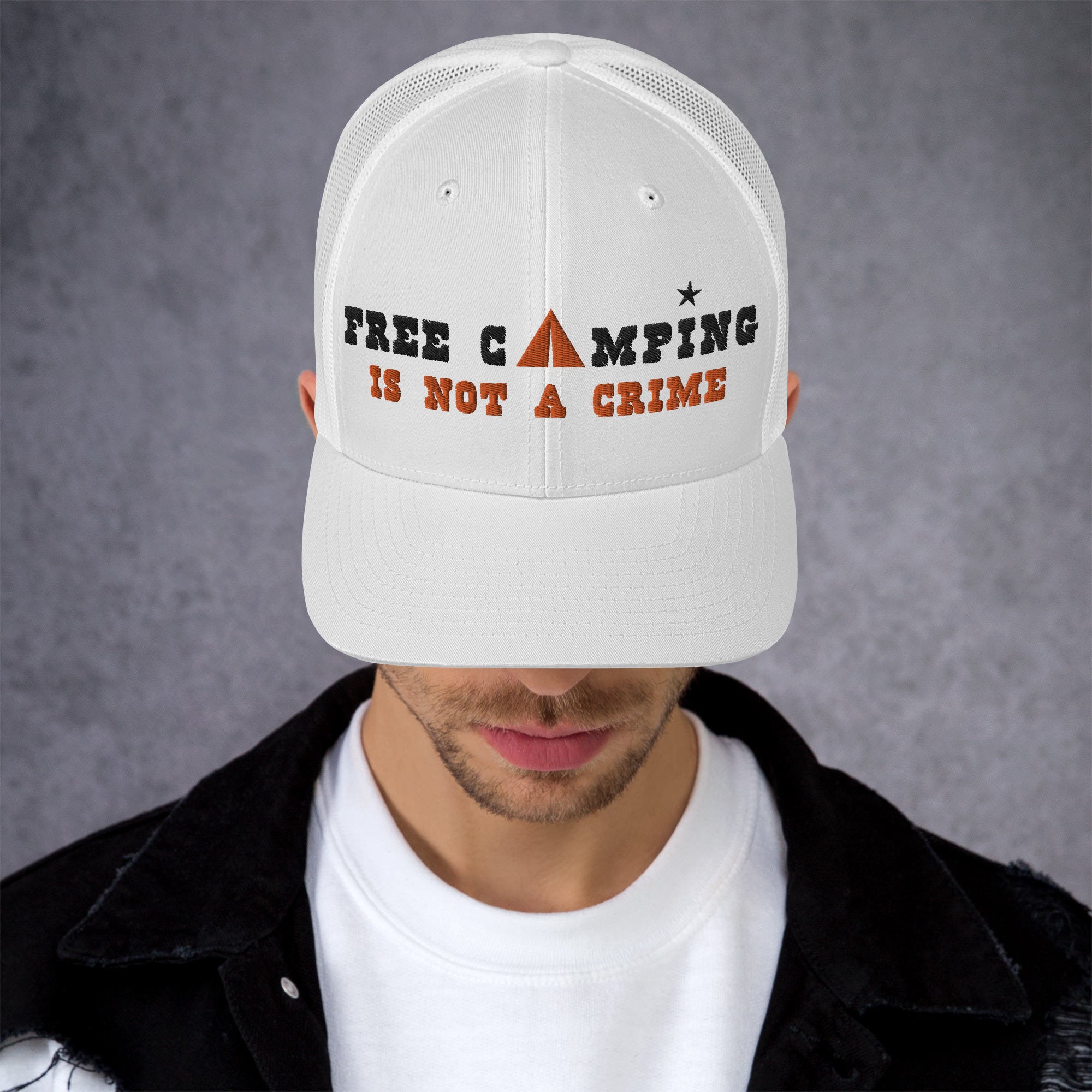 Two-Tone Retro Trucker Cap Free camping is not a crime black/orange
