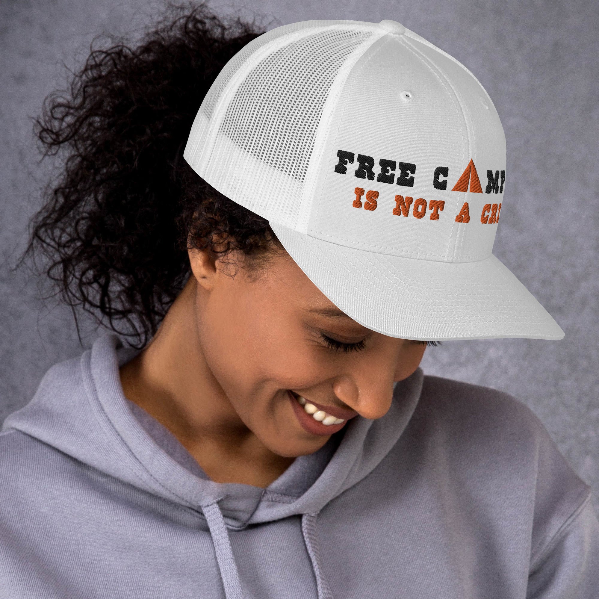 Two-Tone Retro Trucker Cap Free camping is not a crime black/orange