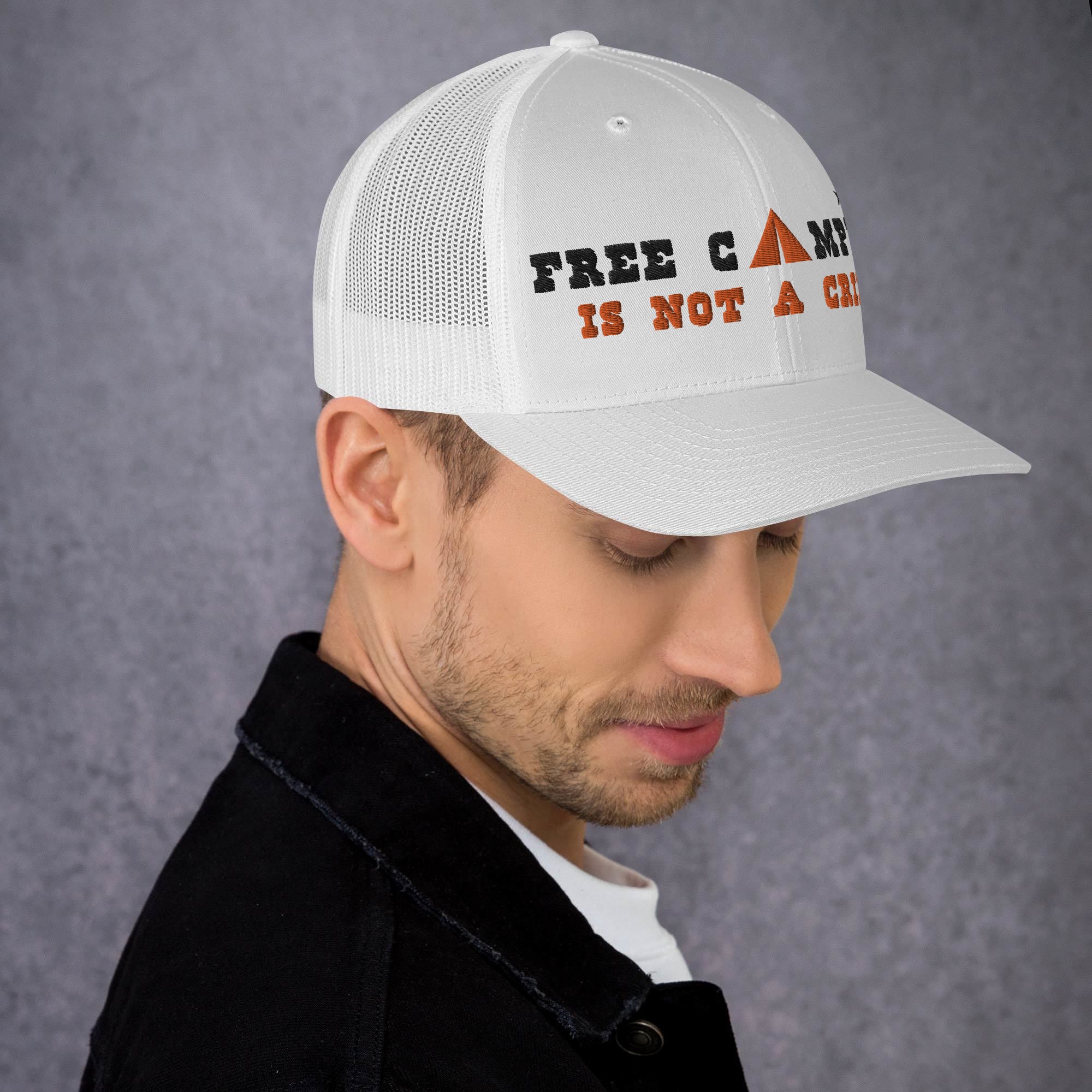 Two-Tone Retro Trucker Cap Free camping is not a crime black/orange
