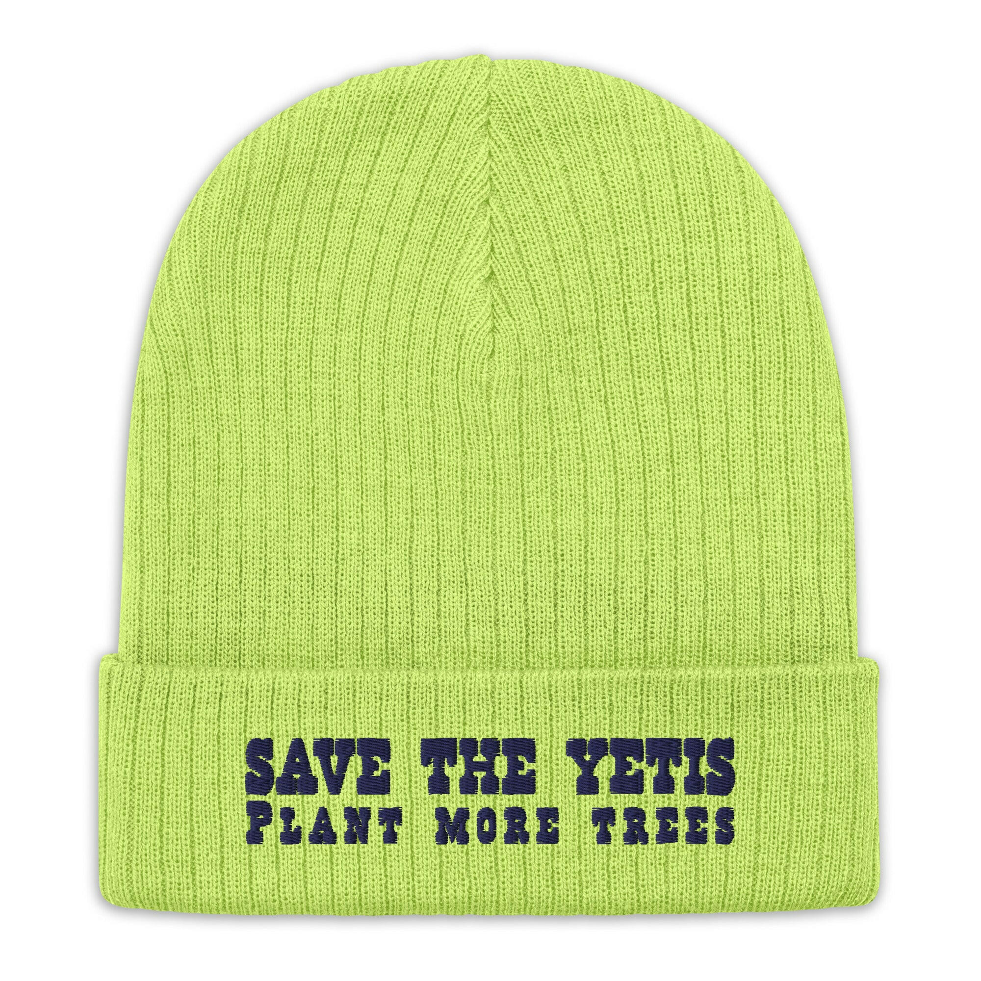Eco ribbed knit beanie Save the Yetis, Plant more Trees Navy