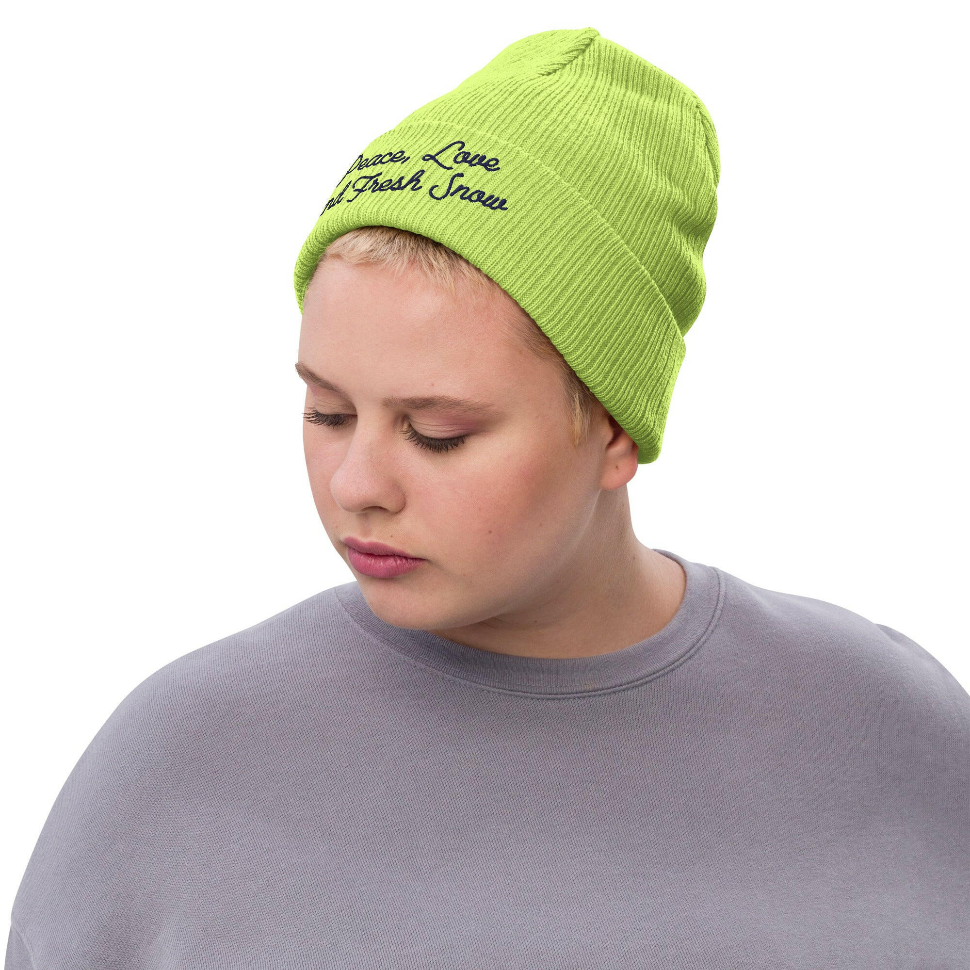 Eco ribbed knit beanie Peace, Love and Fresh Snow Navy