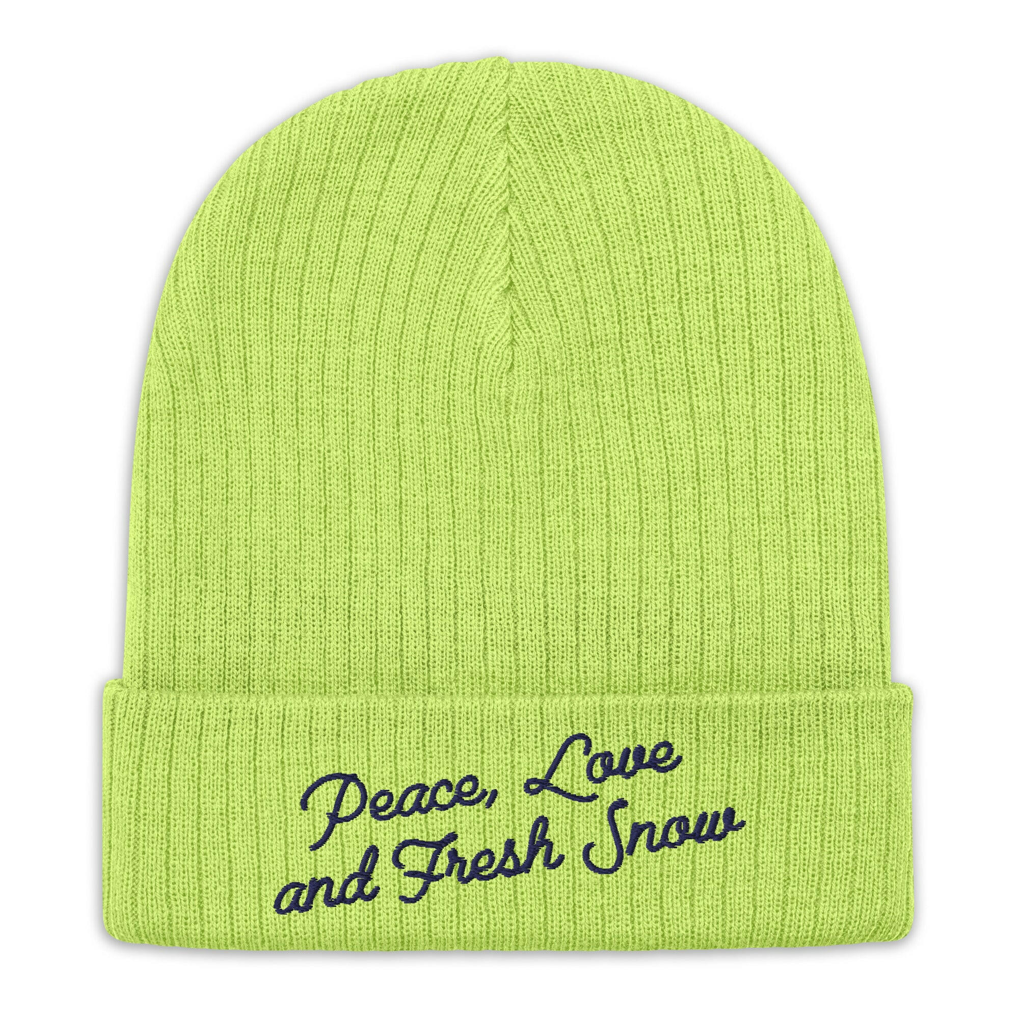Bonnet éco-responsable en tricot côtelé Peace, Love and Fresh Snow Navy