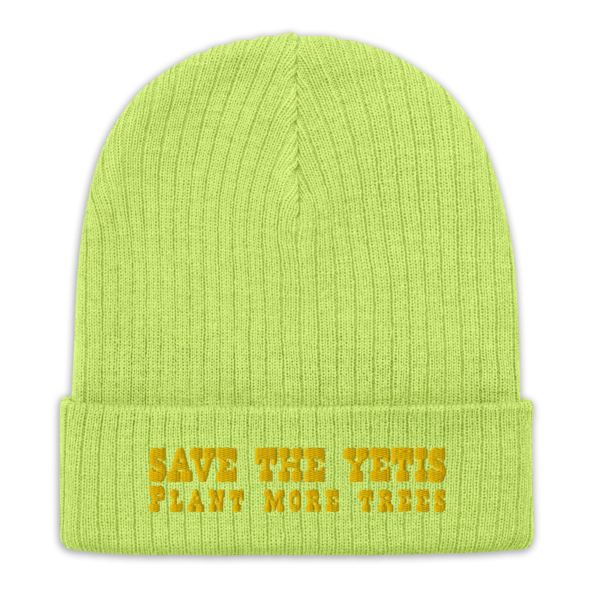 Eco ribbed knit beanie Save the Yetis, Plant more Trees Gold