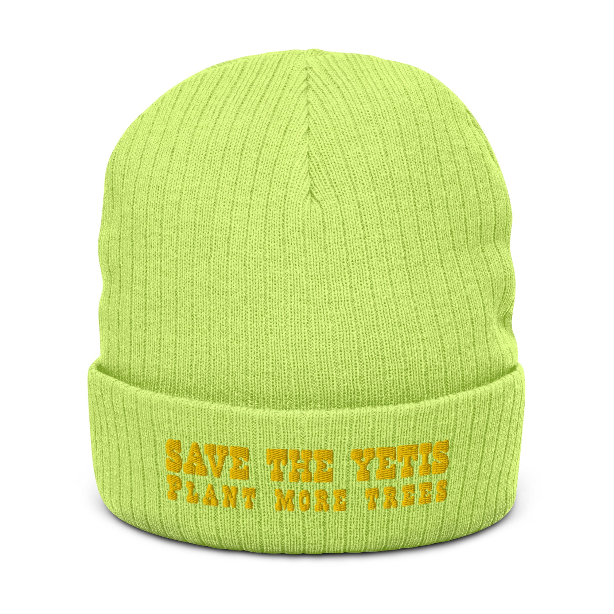 Eco ribbed knit beanie Save the Yetis, Plant more Trees Gold