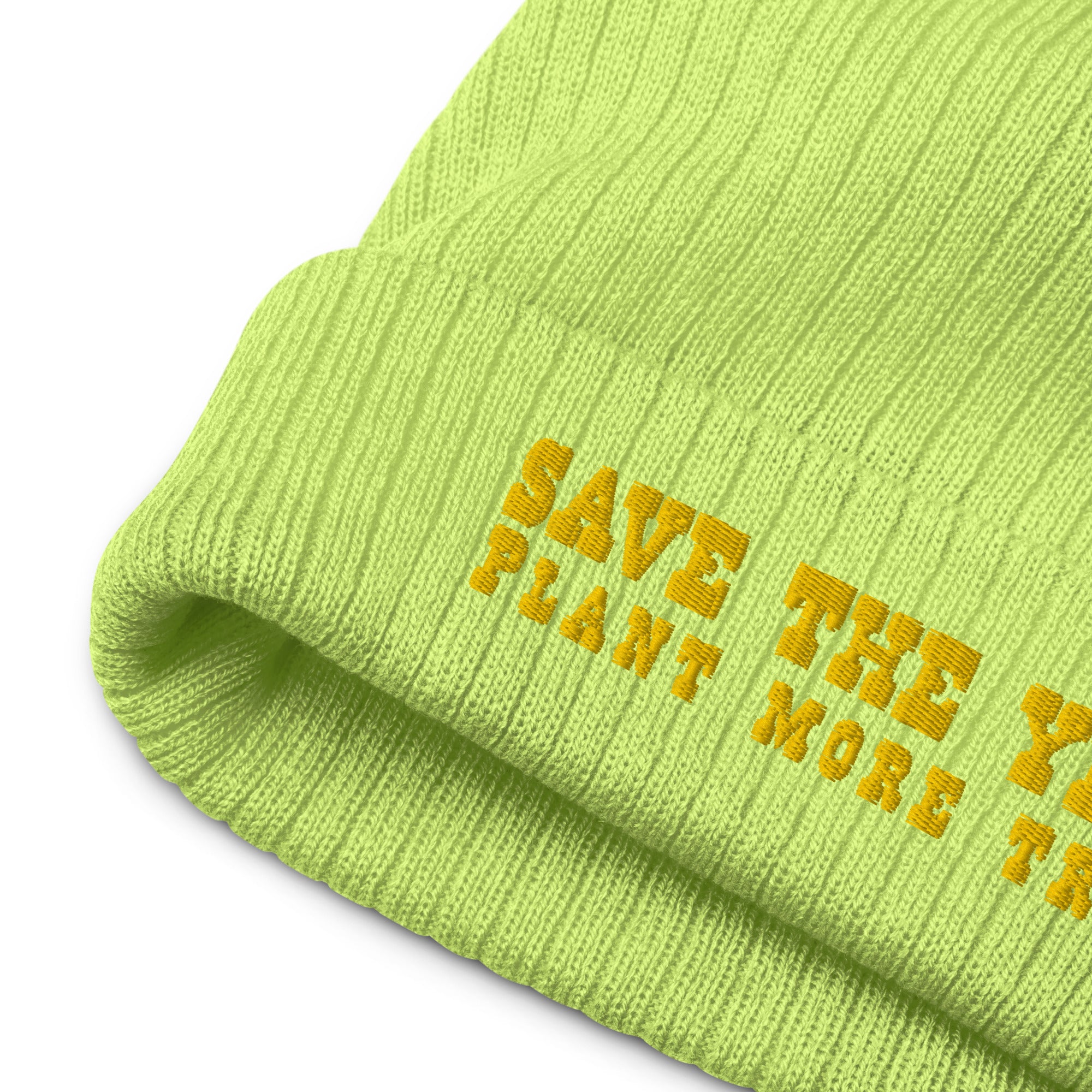 Eco ribbed knit beanie Save the Yetis, Plant more Trees Gold