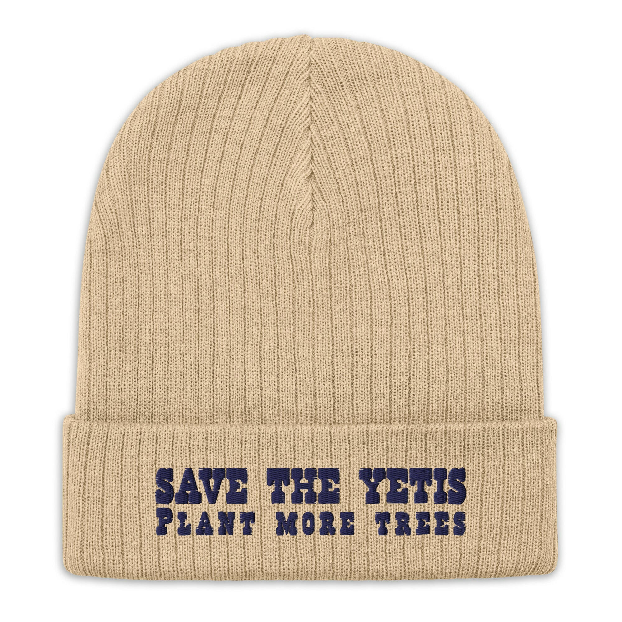 Eco ribbed knit beanie Save the Yetis, Plant more Trees Navy