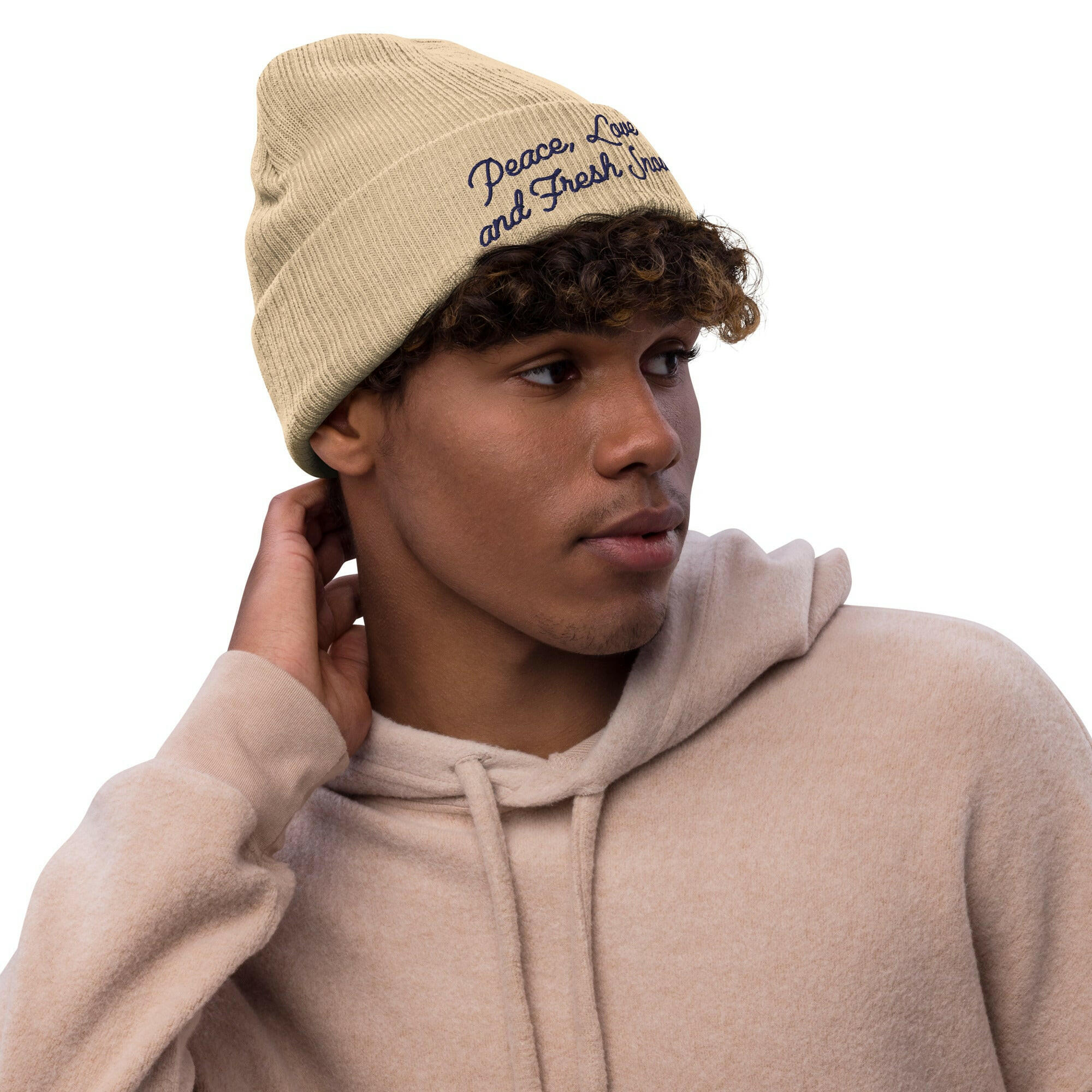 Eco ribbed knit beanie Peace, Love and Fresh Snow Navy