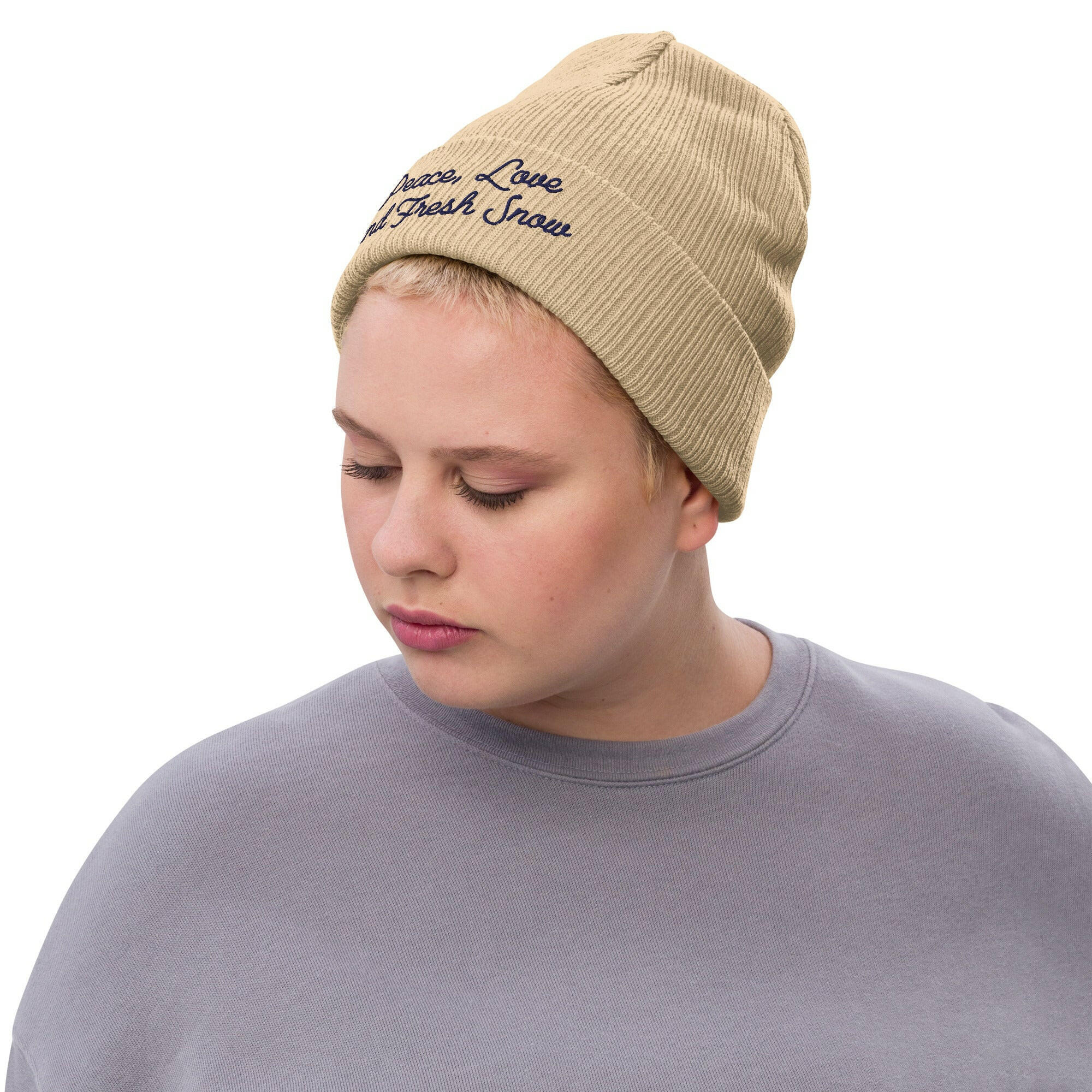 Eco ribbed knit beanie Peace, Love and Fresh Snow Navy