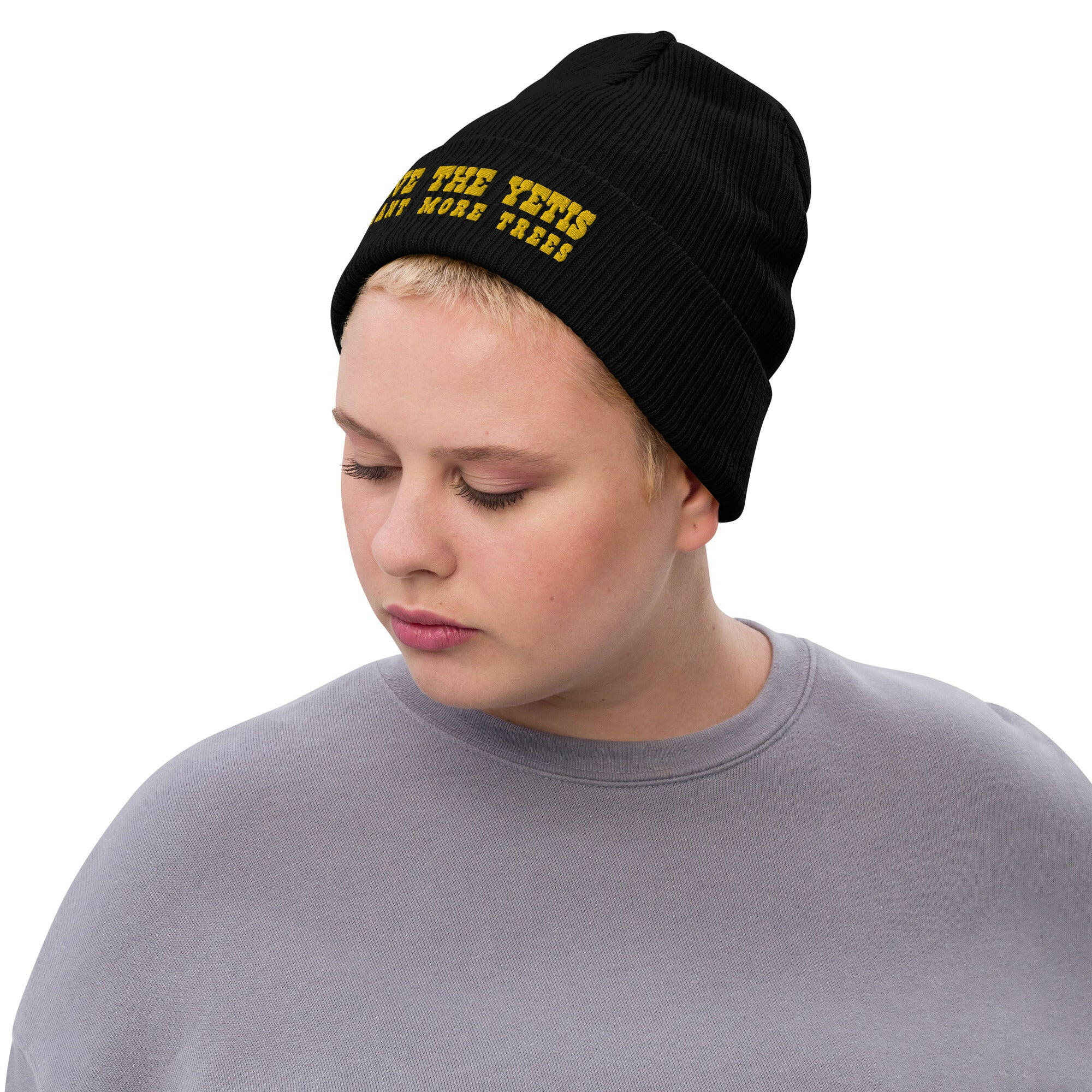 Eco ribbed knit beanie Save the Yetis, Plant more Trees Gold