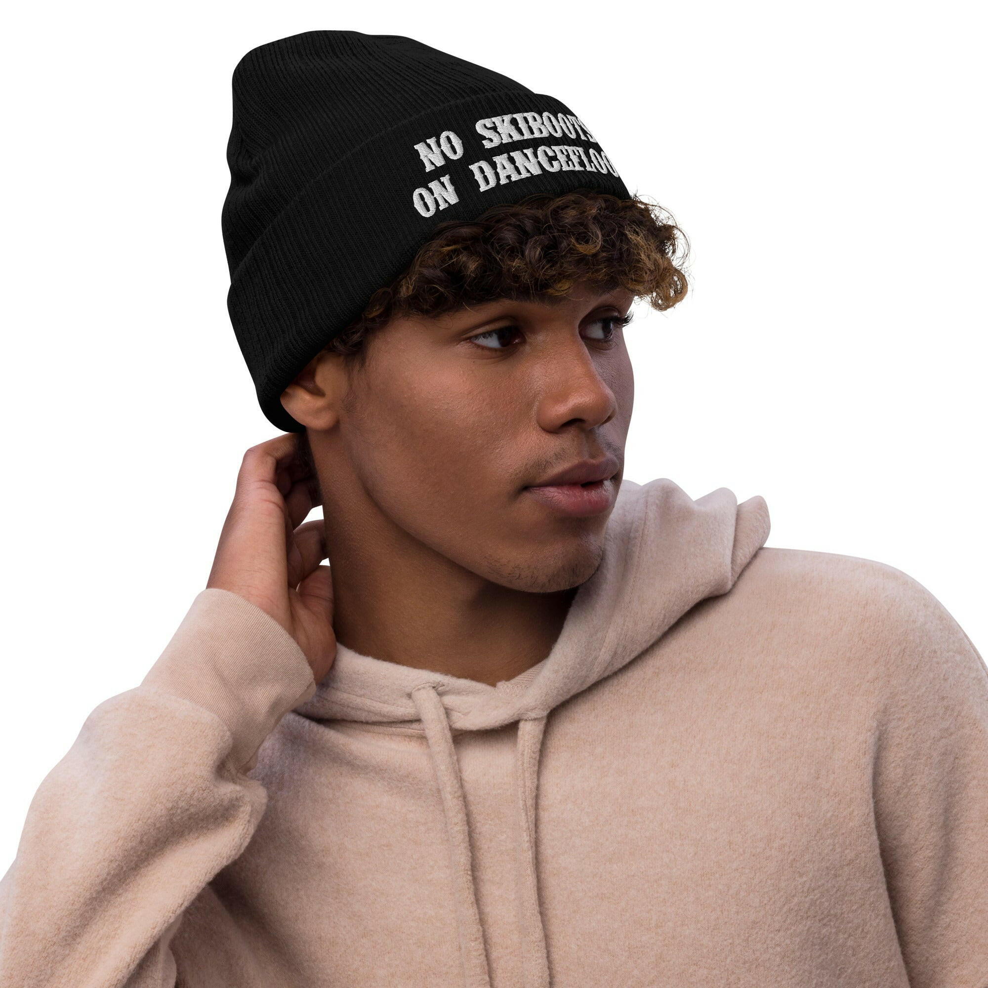 Bonnet éco-responsable en tricot côtelé No Skiboots on Dancefloor blanc