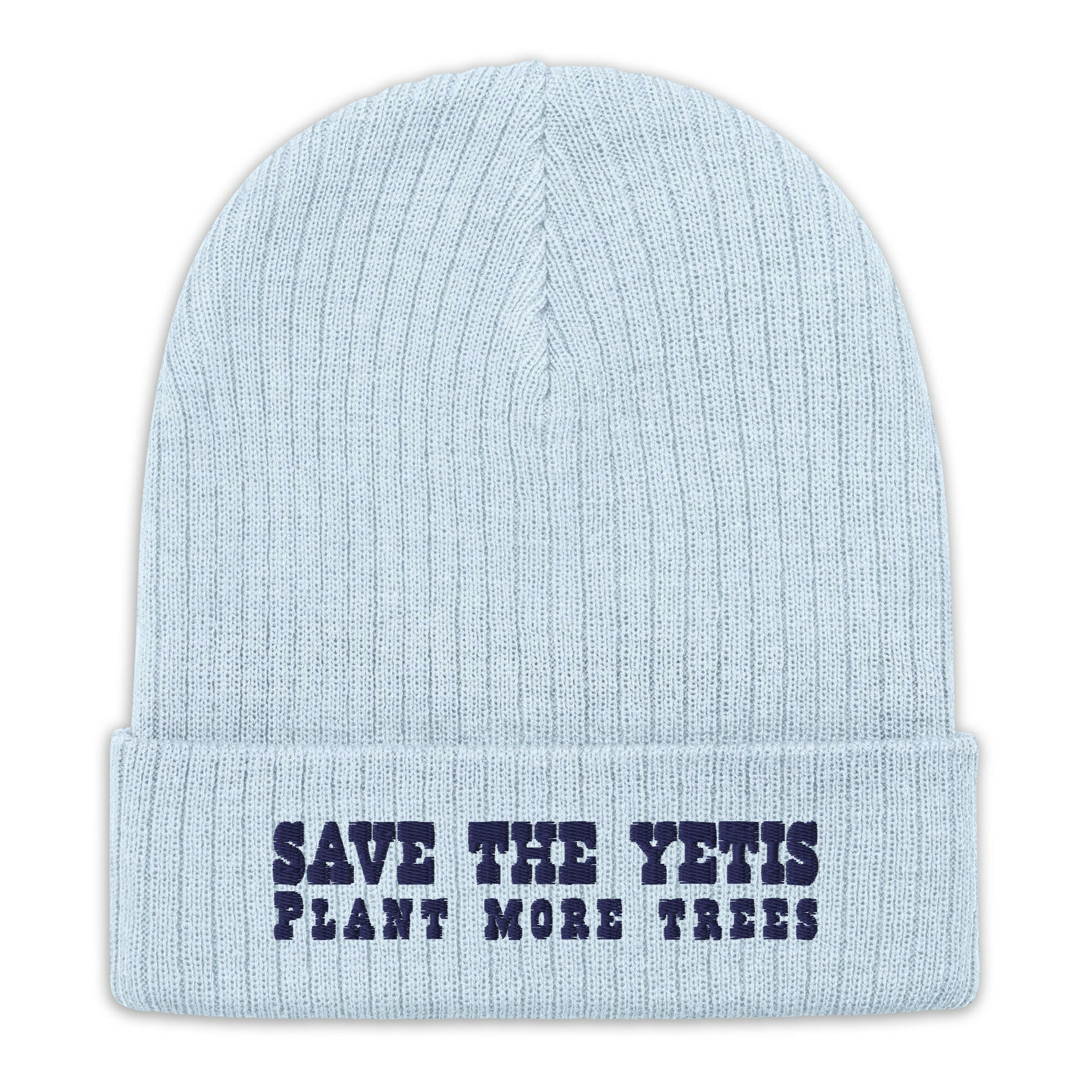 Eco ribbed knit beanie Save the Yetis, Plant more Trees Navy
