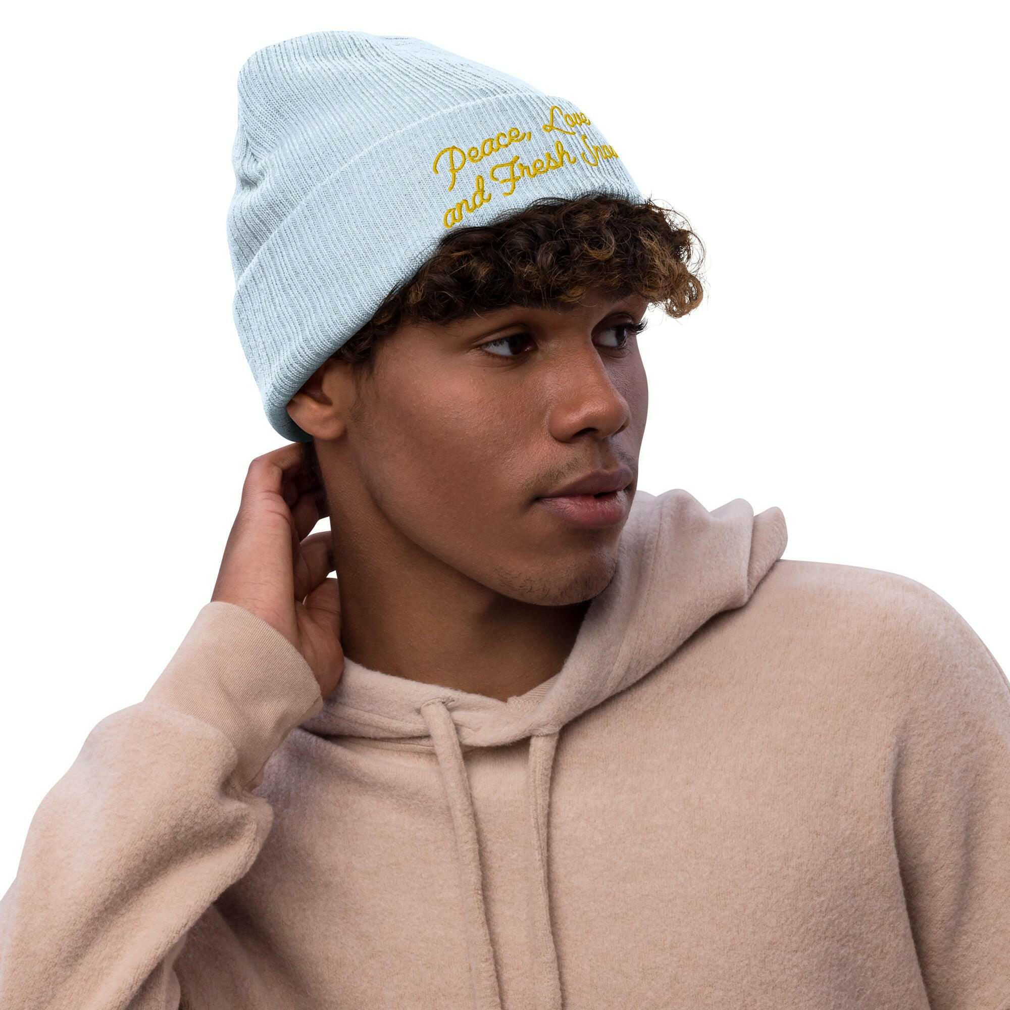 Bonnet éco-responsable en tricot côtelé Peace, Love and Fresh Snow Gold