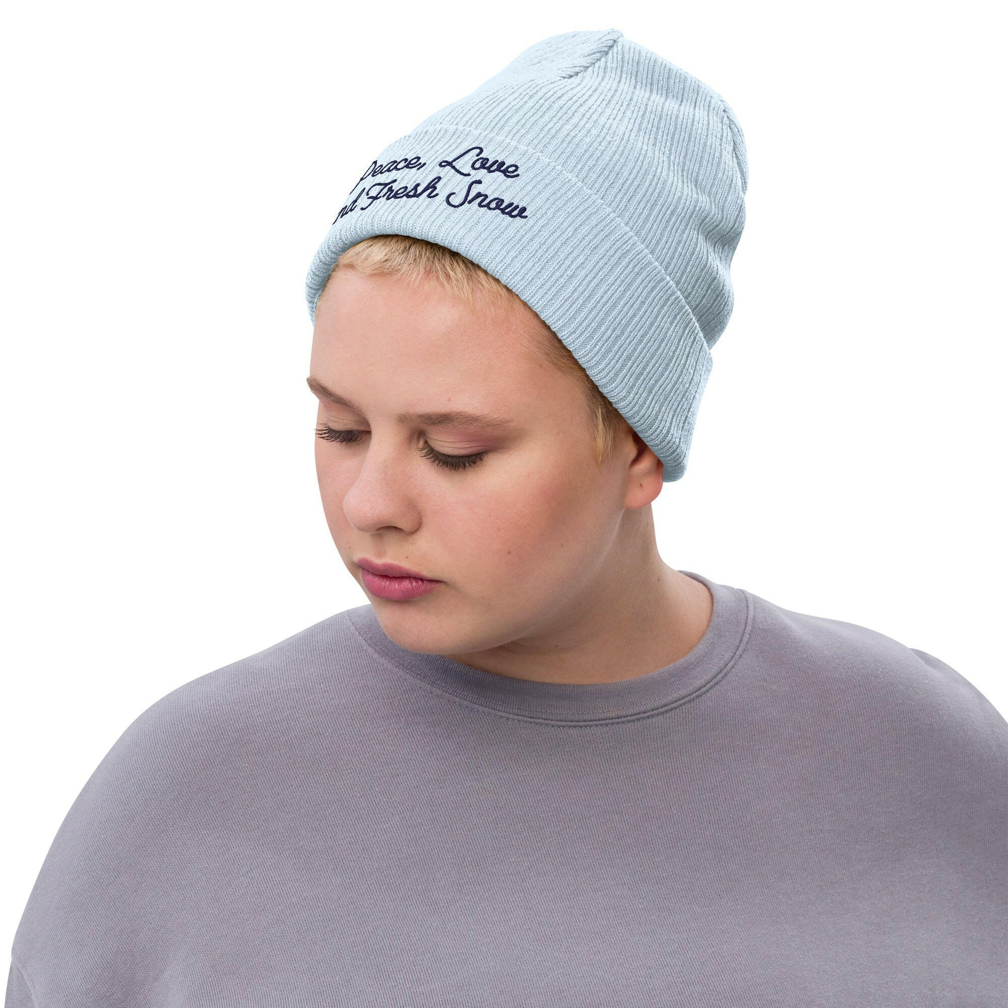 Eco ribbed knit beanie Peace, Love and Fresh Snow Navy